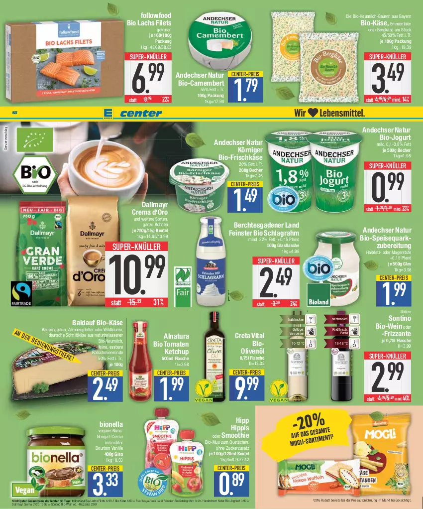 Aktueller Prospekt E Center - Angebote der Woche - von 07.08 bis 12.08.2023 - strona 18 - produkty: andechser natur, auer, Bau, Bauer, Becher, Bergkäse, beutel, bio, bio-joghurt, Bio-Käse, Bio-Wein, blume, bohne, bohnen, bourbon, bourbon vanille, camembert, creme, creta vital, dallmayr, eis, emmentaler, ente, filet, filets, flasche, fleisch, frischkäse, frizzante, Garten, Geflügel, glasflasche, Heu, heumilch, hipp, joghur, joghurt, jogurt, Käse, ketchup, lachs, milch, natur, natura, nuss, olive, oliven, olivenöl, pasta, pfeffer, quark, reis, rind, rindfleisch, schlagrahm, schnittkäse, smoothie, speisequark, super-knüller, Ti, tomate, tomaten, tomaten ketchup, vanille, vita, vorspeise, wein, Wild, zitrone, zitronen, ZTE, zucker