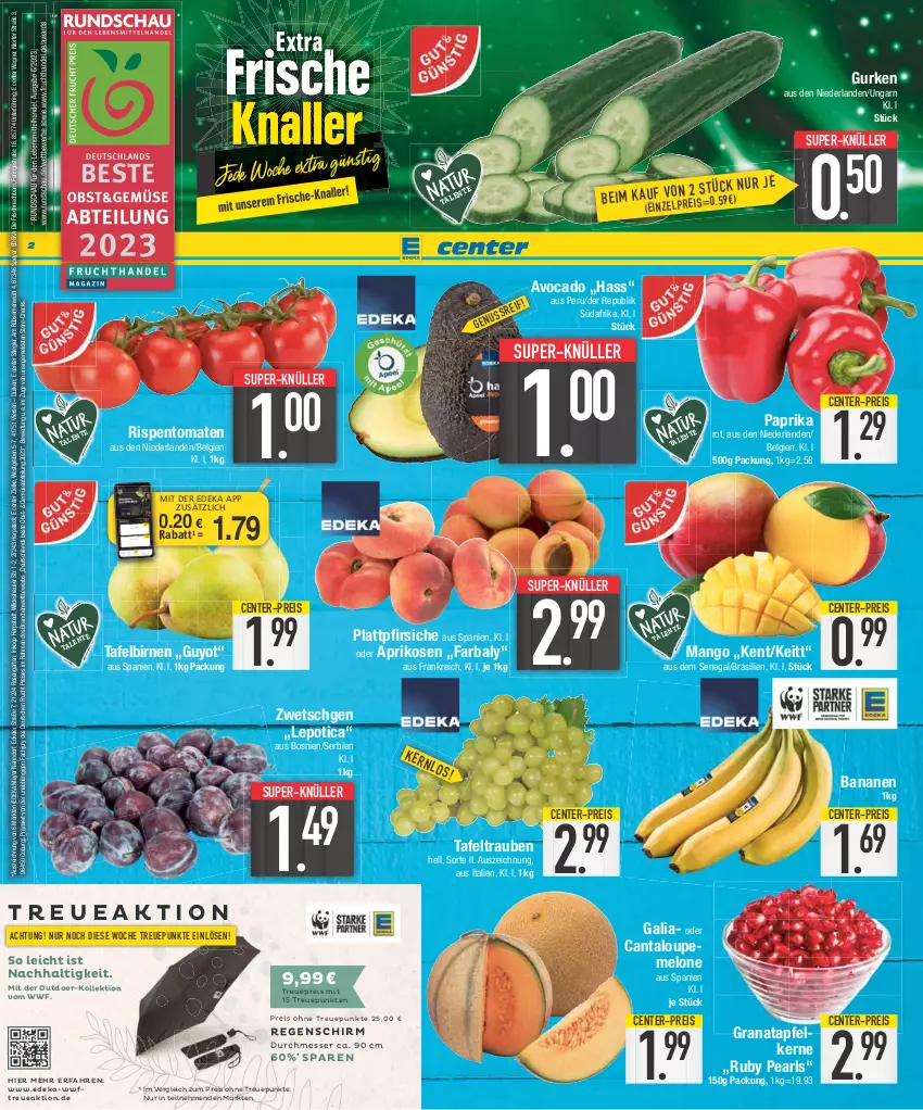 Aktueller Prospekt E Center - Angebote der Woche - von 07.08 bis 12.08.2023 - strona 2 - produkty: Abtei, apfel, aprikose, aprikosen, Astra, avocado, banane, bananen, Birnen, coupon, deka, eis, ente, frucht, Garten, grana, granatapfel, granatapfelkerne, gurke, gurken, lebensmittel, LG, mango, melone, messer, nuss, obst, paprika, paprika rot, pfirsich, pfirsiche, plattpfirsiche, Rana, reis, ring, rispentomaten, rosen, speyer, Stiegl, super-knüller, tafelbirnen, tafeltrauben, Ti, tomate, tomaten, trauben, wagner, Wild, Yo