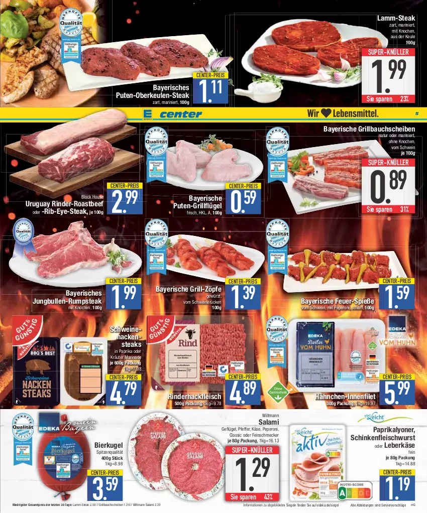 Aktueller Prospekt E Center - Angebote der Woche - von 07.08 bis 12.08.2023 - strona 5 - produkty: Bau, bauchscheiben, beef, bier, deka, eis, ente, feinschmecker, filet, fleisch, fleischwurst, Geflügel, gewürz, grill, Grillbauch, hackfleisch, jungbullen, Käse, kräuter, Kugel, lamm, leberkäs, leberkäse, lyoner, marinade, Nackensteak, nackensteaks, natur, oder kräuter, paprika, peperoni, Peroni, pfeffer, pute, reis, rind, rinder, rinderhackfleisch, roastbeef, rum, rumpsteak, salami, schinken, schinkenfleischwurst, schwein, schweine, schweinenacken, schweinerücken, spitzenqualität, steak, steaks, super-knüller, Ti, wein, weine, wiltmann, wurst, Yo, ZTE