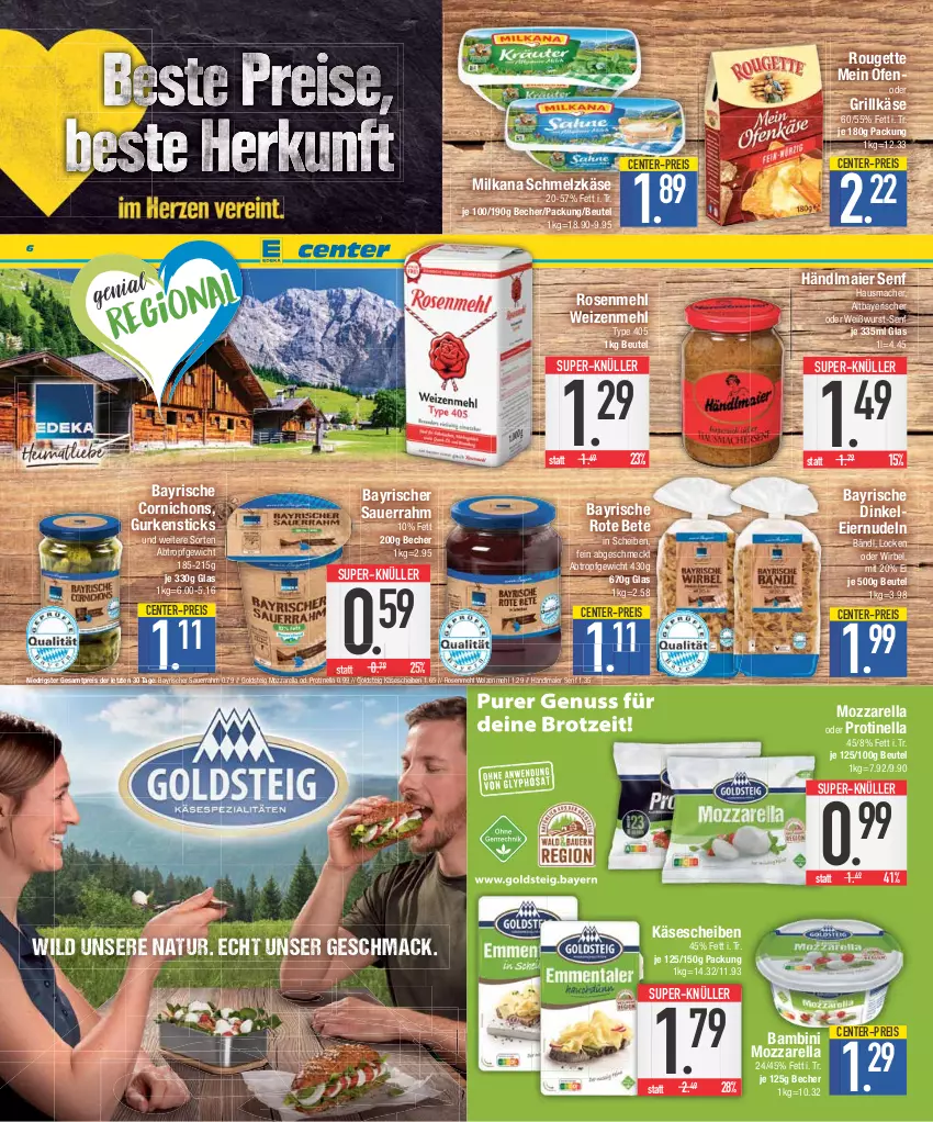 Aktueller Prospekt E Center - Angebote der Woche - von 07.08 bis 12.08.2023 - strona 6 - produkty: auer, Becher, beutel, eier, eiernudeln, eis, ente, goldsteig, grill, Grillkäse, gurke, gurken, händlmaier, Hausmacher, Käse, käsescheiben, mac, mehl, milka, milkana, mozzarella, natur, nudel, nudeln, Ofen, reis, rel, rosen, Rosenmehl, rote bete, rouge, rougette, Sauerrahm, Schmelzkäse, senf, super-knüller, Ti, type 405, Weißwurst, weizenmehl, Wild, wurst, ZTE