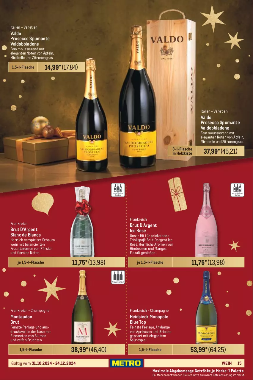 Aktueller Prospekt Metro - Geschenkkörbe und Präsentideen - von 31.10 bis 24.12.2024 - strona 15 - produkty: aprikose, aprikosen, beere, beeren, blume, blumen, brut, brut dargent, champagne, de blancs, ecco, eis, elle, ente, flasche, frucht, früchte, früchten, getränk, getränke, himbeer, himbeere, himbeeren, Holz, mango, mangos, Palette, perla, pfirsich, prosecco, puma, reifen, spumante, Ti, valdo, wein, zitrone, zitronen