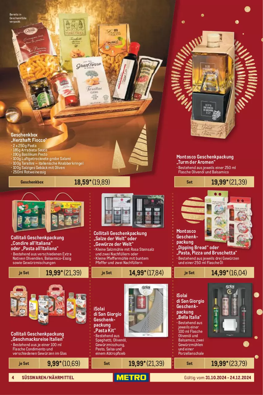 Aktueller Prospekt Metro - Geschenkkörbe und Präsentideen - von 31.10 bis 24.12.2024 - strona 4 - produkty: balsam, balsamico, basilikum, condimento, dip, eis, essig, flasche, Geschenkbox, geschenkpackung, gewürz, Gewürzmischung, Gewürzmühle, leine, mac, olive, oliven, olivenöl, pasta, pesto, pfeffer, Pfeffermühle, pizza, reis, ring, rotwein, salami, Salsa, salz, Salzmühle, sauce, Schal, Schale, spaghetti, süsswaren, Ti, wein, weine