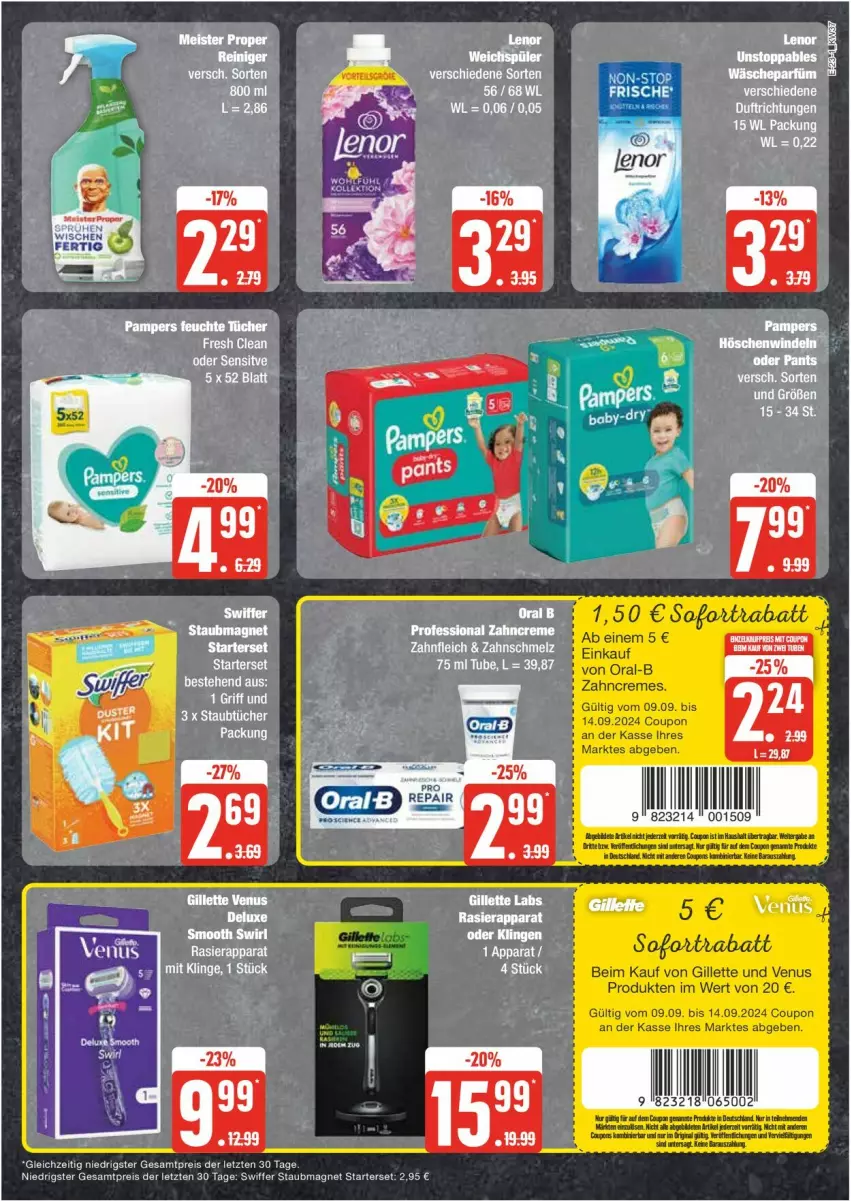 Aktueller Prospekt Edeka - Prospekte - von 09.09 bis 14.09.2024 - strona 23 - produkty: aust, Cap, coupon, coupons, creme, eier, eis, feuchte tücher, gillette, lenor, Oral B, oral-b, rasierapparat, reis, staubmagnet, swiffer, Ti, tücher, venus, zahncreme, ZTE