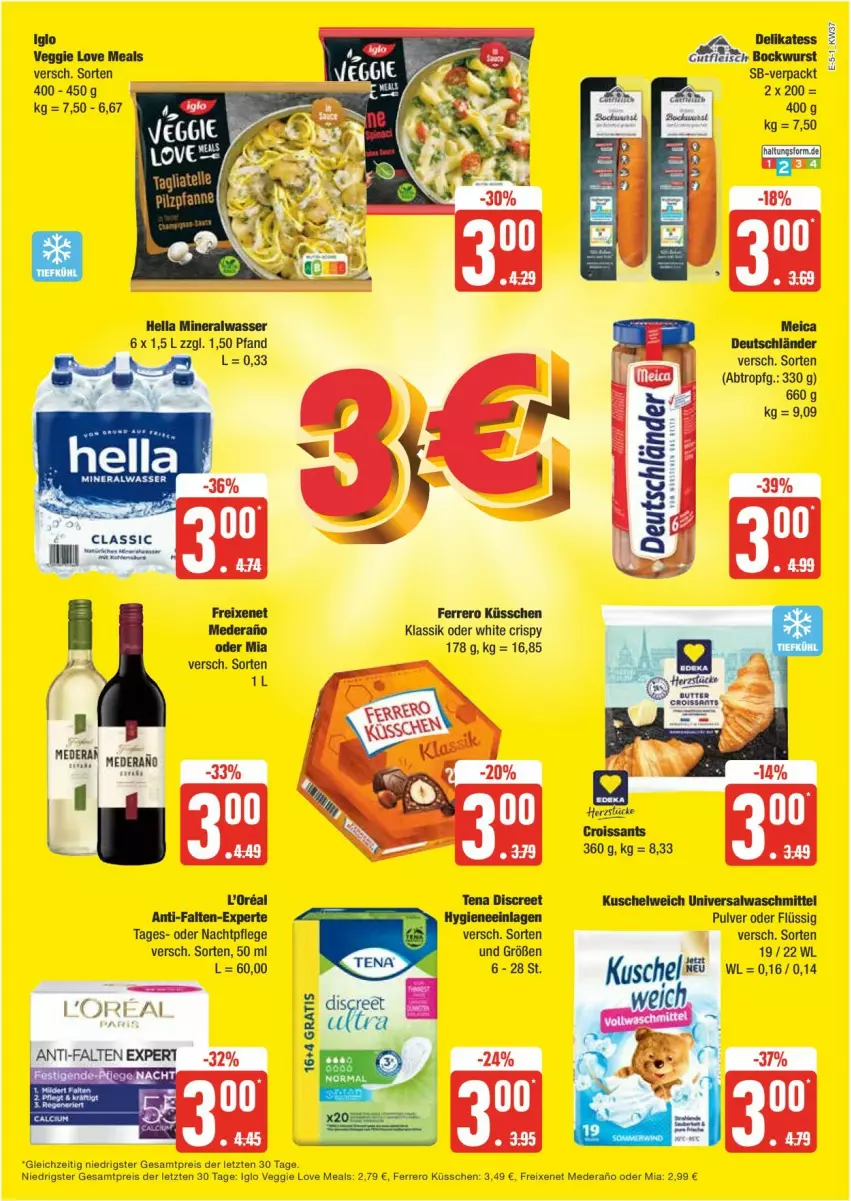 Aktueller Prospekt Edeka - Prospekte - von 09.09 bis 14.09.2024 - strona 5 - produkty: Alwa, bockwurst, Croissant, croissants, Discreet, eis, ferrero, Ferrero Küsschen, freixenet, iglo, Kuschelweich, l'oreal, meica, nachtpflege, reis, Ti, veggie, Veggie Love, waschmittel, wurst, ZTE