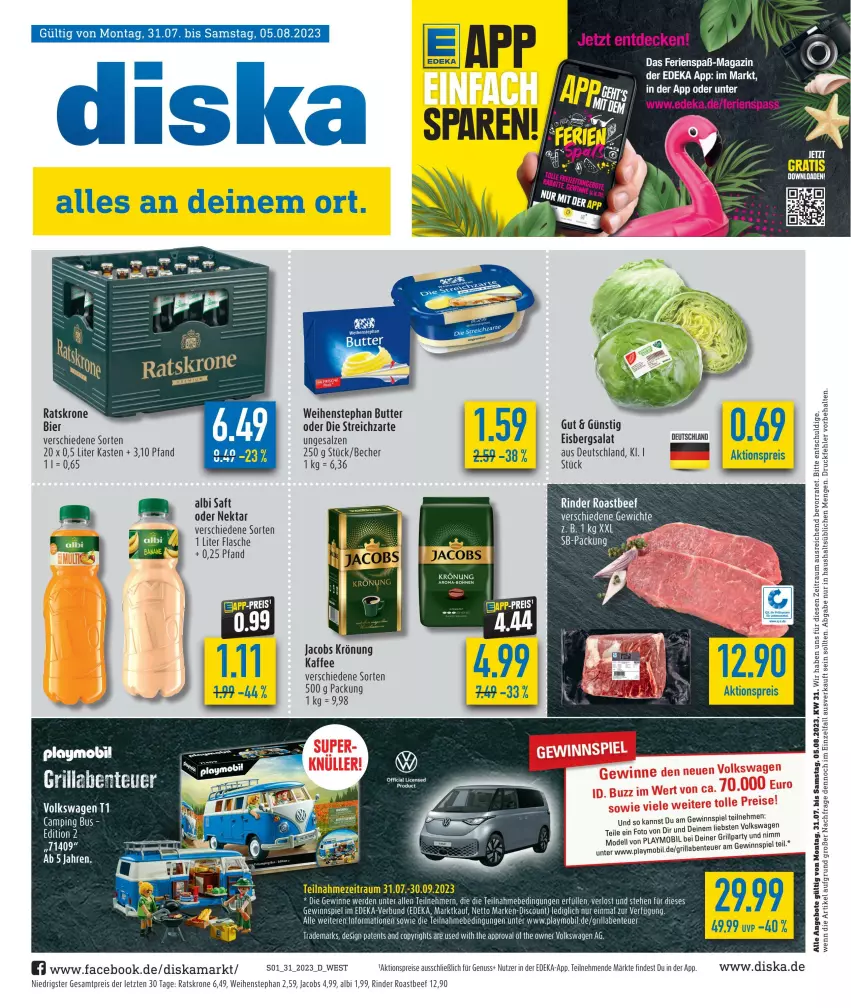 Aktueller Prospekt Diska - Prospekte - von 31.07 bis 05.08.2023 - strona 1 - produkty: aktionspreis, angebot, angebote, Becher, beef, bier, bohne, bohnen, butter, deka, discount, eis, eisbergsalat, elle, ente, erde, flasche, gewinnspiel, grill, jacobs, jacobs krönung, kaffee, krone, magazin, marken-discount, Nektar, nuss, playmobil, reis, rind, rinder, roastbeef, saft, salat, salz, Streichzart, tee, Ti, weihenstephan, ZTE