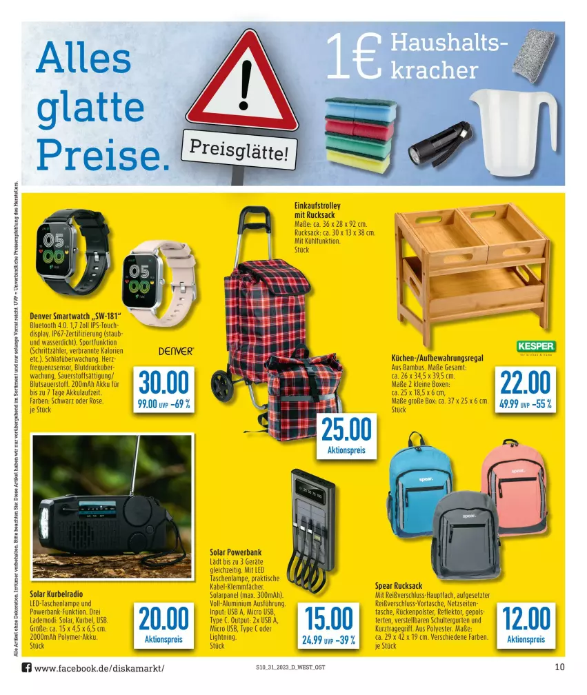 Aktueller Prospekt Diska - Prospekte - von 31.07 bis 05.08.2023 - strona 10 - produkty: akku, aktionspreis, alle artikel ohne dekoration, auer, bambus, Bank, dekoration, eis, elle, küche, Küchen, Lampe, leine, micro usb, powerbank, Radio, regal, reis, rucksack, sac, schultergurt, smartwatch, Sport, Tasche, taschen, taschenlampe, teller, Ti, tisch, tragegriff, trolley, usb, wasser, ZTE