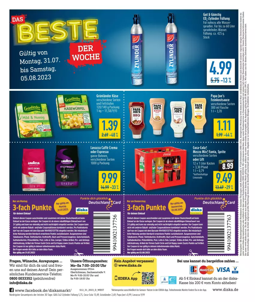 Aktueller Prospekt Diska - Prospekte - von 31.07 bis 05.08.2023 - strona 12 - produkty: aktionspreis, angebot, angebote, buch, caffe, classico, coca-cola, cola, coupon, deka, deutschlandcard, eier, eis, ente, erde, espresso, flasche, grünländer, guthabenkarte, gutschein, kraft, lavazza, LG, limo, limonade, milch, nuss, oder espresso, reis, sac, Sprudel, Sushi, Tchibo, tee, telefon, Ti, uhr, wasser, ZTE