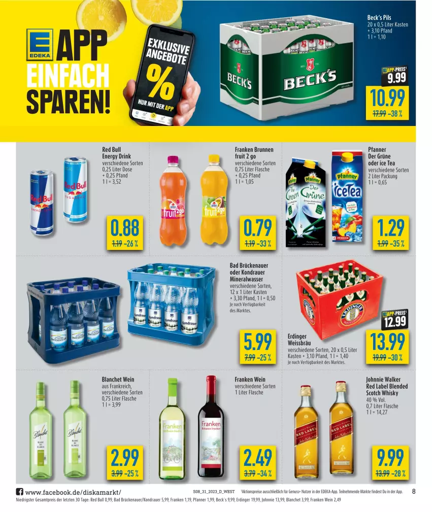 Aktueller Prospekt Diska - Prospekte - von 31.07 bis 05.08.2023 - strona 8 - produkty: aktionspreis, Alwa, auer, Bad, brunnen, de blancs, deka, drink, eis, energy drink, erdinger, flasche, franken brunnen, ice tea, johnnie walker, mineralwasser, nuss, pfanne, Pfanner, pils, red bull, reis, scotch, scotch whisky, Ti, wasser, wein, whisky, ZTE