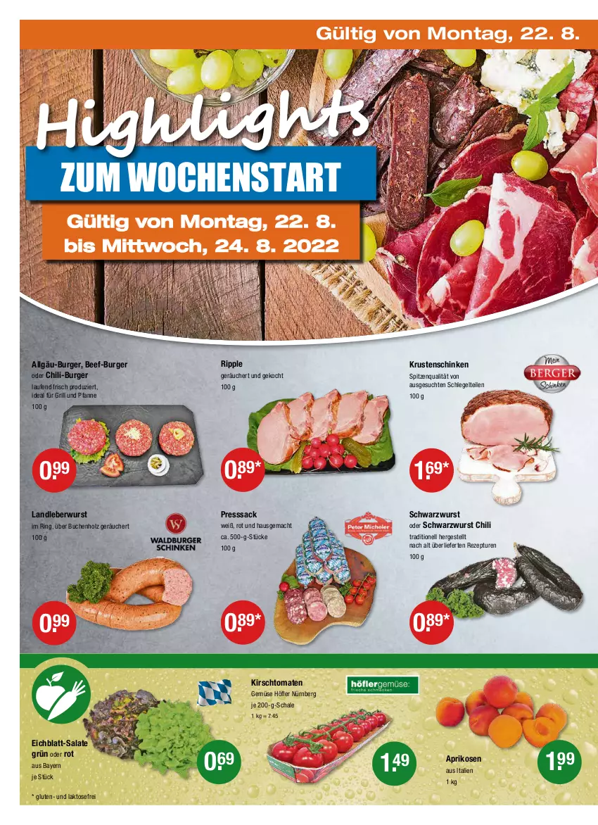 Aktueller Prospekt Vmarkt - V-Markt - von 18.08 bis 24.08.2022 - strona 18 - produkty: aprikose, aprikosen, beef, buch, burger, chili, für grill und pfanne, grill, grill und pfanne, Holz, ideal für grill, ideal für grill und pfanne, kirsch, Krustenschinken, landleberwurst, Laufen, leberwurst, LG, mac, pfanne, presssack, rezept, ring, sac, salat, salate, Schal, Schale, schinken, Schwarzwurst, spitzenqualität, Ti, tomate, tomaten, und pfanne, wurst