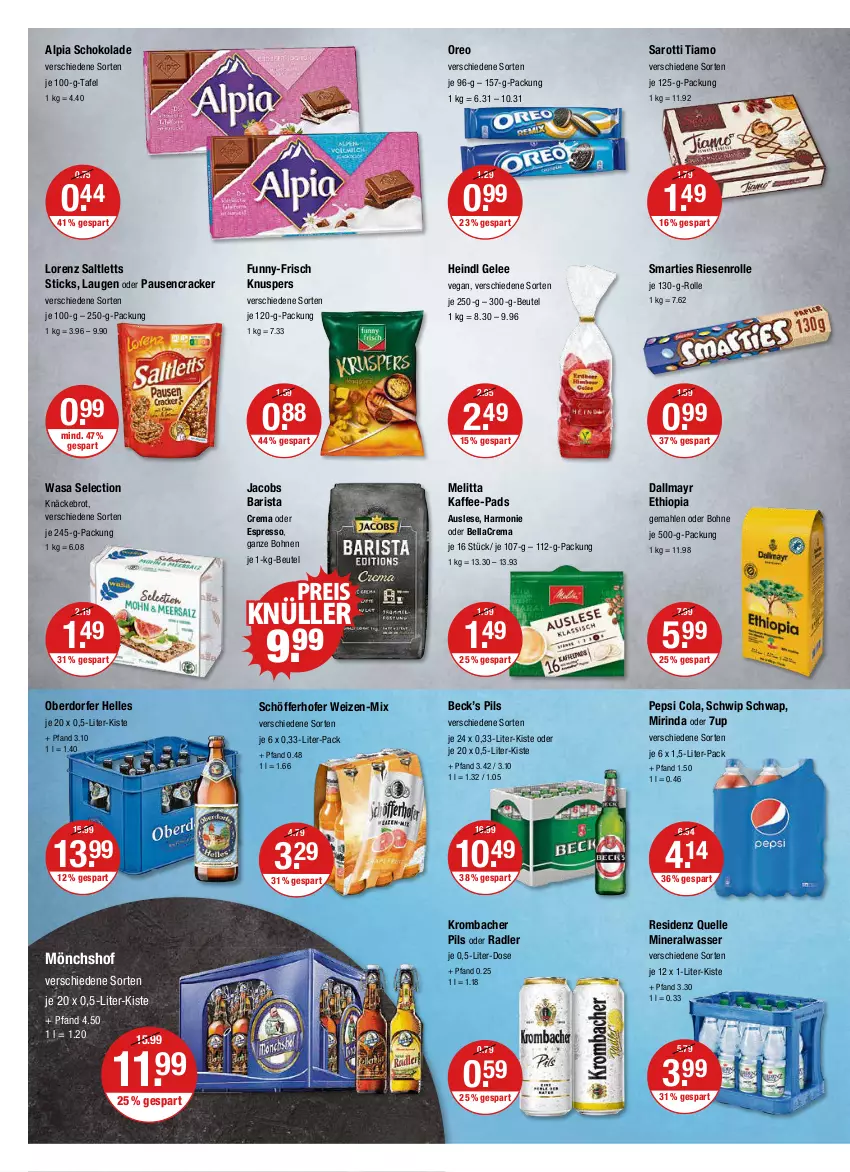 Aktueller Prospekt Vmarkt - V-Markt - von 18.08 bis 24.08.2022 - strona 8 - produkty: 7UP, alpia, Alwa, bellacrema, beutel, bohne, bohnen, brot, cola, cracker, dallmayr, eis, elle, espresso, funny-frisch, gelee, jacobs, je 12 x 1-liter-kiste, kaffee, kaffee-pads, knäckebrot, krombache, krombacher, krombacher pils, lorenz, melitta, mineralwasser, Mirinda, mönchshof, oder espresso, oder radler, oreo, pepsi, Pepsi Cola, pils, radler, reis, rind, saltletts, saro, sarotti, schöfferhofer, schoko, schokolade, Schwip Schwap, smarties, Ti, wasa, wasser