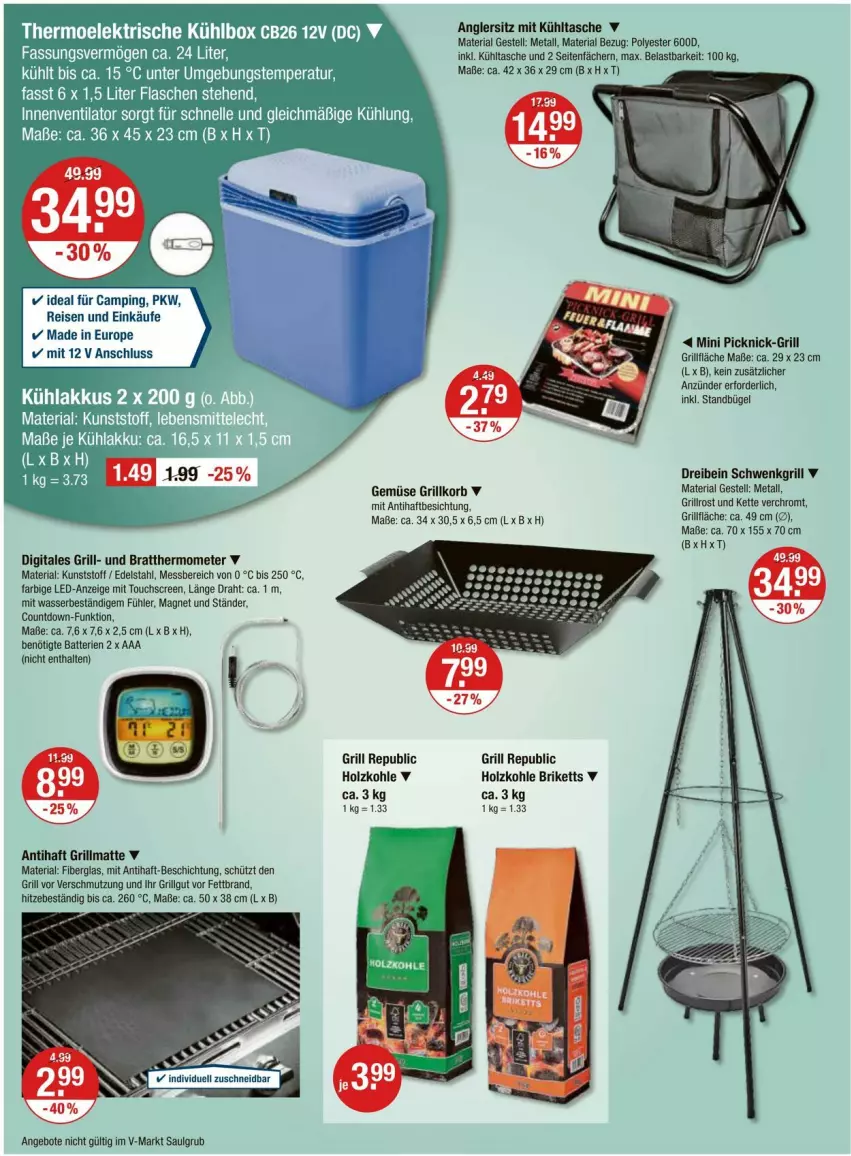 Aktueller Prospekt Vmarkt - Prospekte - von 21.03 bis 27.03.2024 - strona 14 - produkty: akku, angebot, angebote, anzünder, batterie, batterien, briketts, bügel, Draht, edelstahl, eis, elle, grill, grillfläche, grillrost, Holz, holzkohle, Kette, korb, kühlakku, kühlakkus, kühltasche, LG, reis, Ria, Tasche, tee, thermometer, Ti, touchscreen, ventilator, wasser