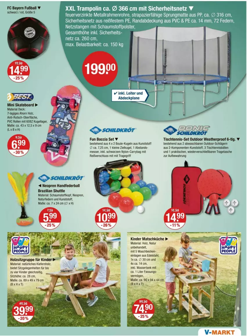 Aktueller Prospekt Vmarkt - Prospekte - von 21.03 bis 27.03.2024 - strona 15 - produkty: abdeckplane, ball, Brazilian, Carrybag, edelstahl, ente, Fußball, Holz, Kinder, küche, Kugel, leine, LG, messer, natur, Ria, Sitzhöhe, Skateboard, Tasche, Ti, tisch, tragegriff, tragetasche, Trampolin, waschbecken, wasser, wassertank