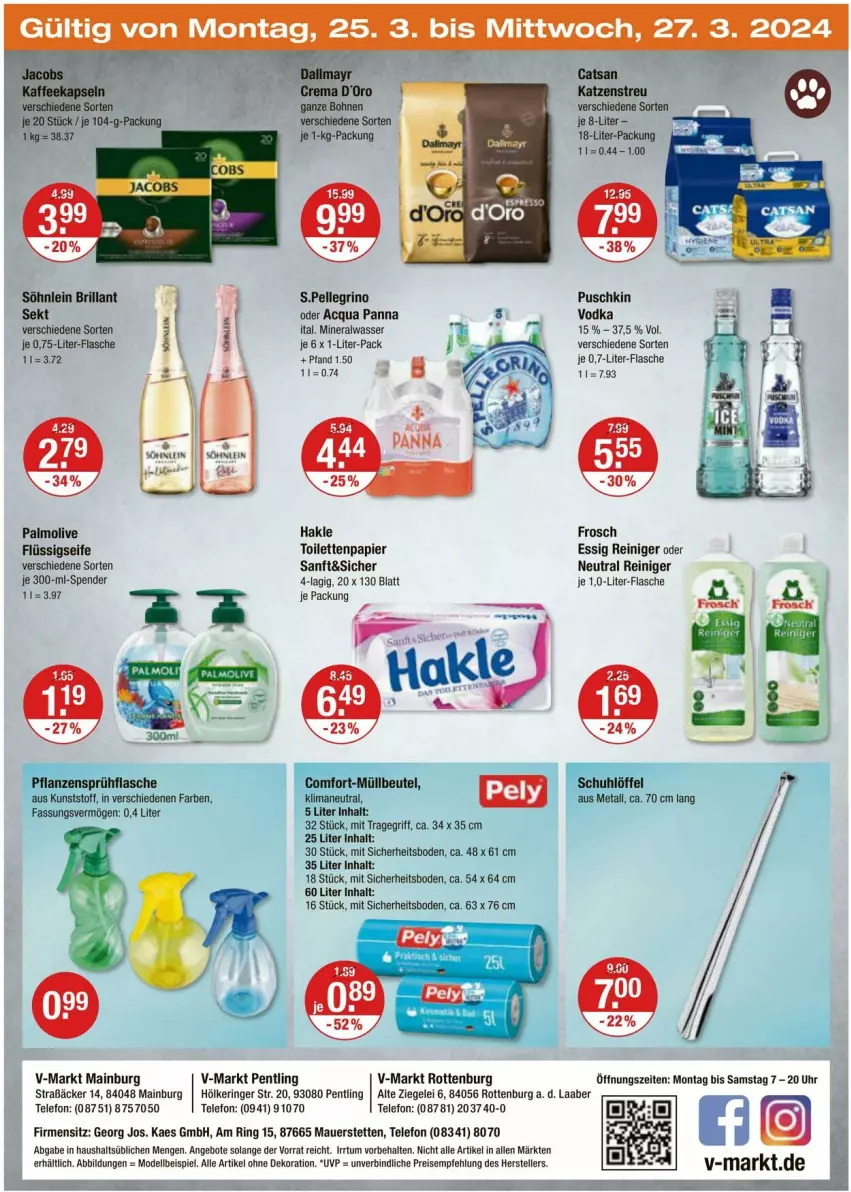 Aktueller Prospekt Vmarkt - Prospekte - von 21.03 bis 27.03.2024 - strona 24 - produkty: alle artikel ohne dekoration, Alwa, angebot, angebote, auer, bohne, bohnen, catsan, dekoration, dell, eis, elle, essig, flasche, flüssigseife, Frosch, hakle, kaes, Katzenstreu, mineralwasser, Mode, olive, palmolive, papier, reiniger, reis, ring, Seife, söhnlein, söhnlein brillant, telefon, teller, Ti, toilettenpapier, tragegriff, uhr, vodka, wasser