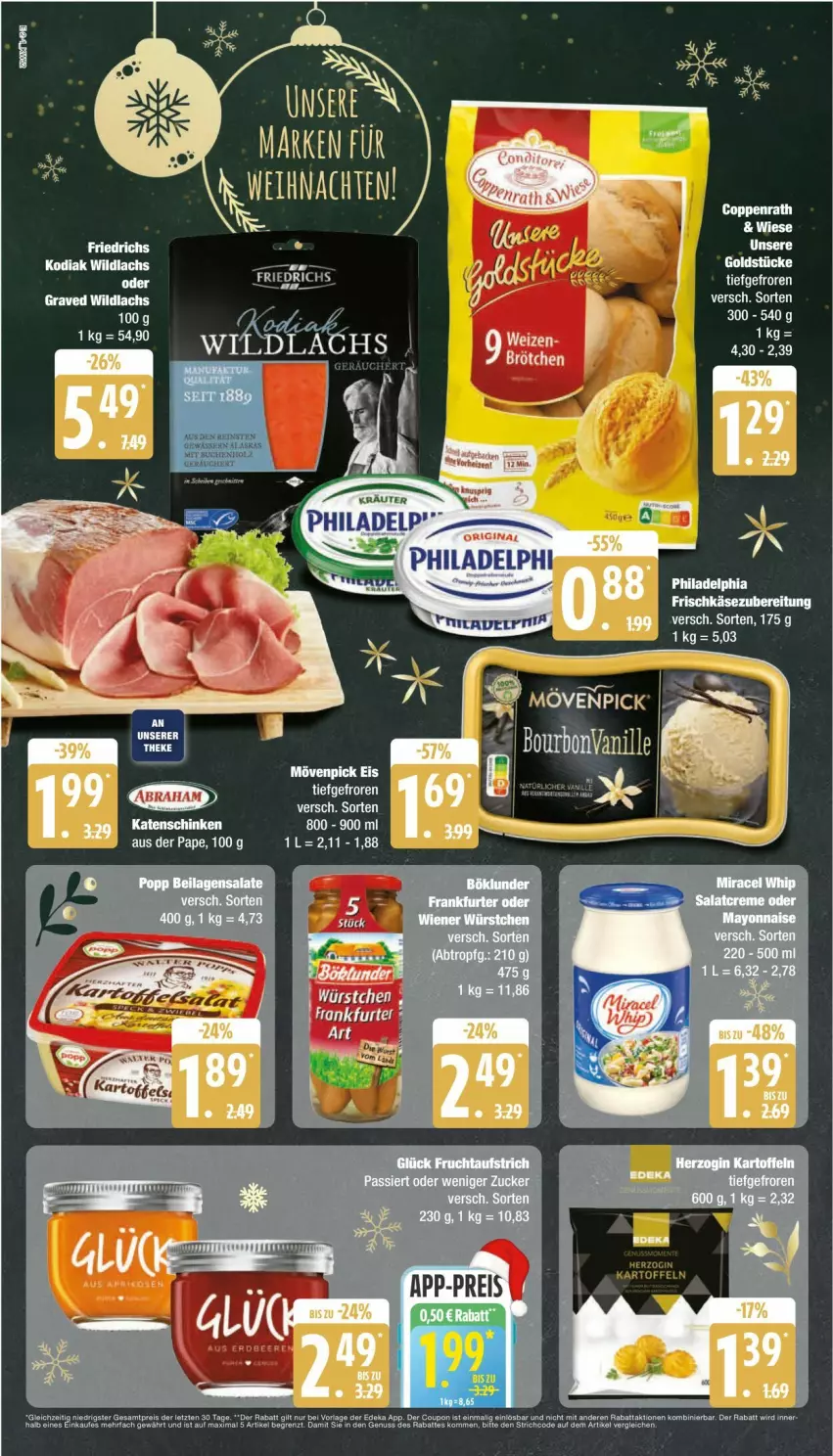 Aktueller Prospekt Edeka - Prospekte - von 23.12 bis 28.12.2024 - strona 2 - produkty: coppenrath, eis, frankfurter, Goldstücke, katenschinken, lachs, LG, mövenpick, mövenpick eis, philadelphia, Rana, schinken, tee, Ti, tuc, Tucher, Wild, wildlachs, würstchen