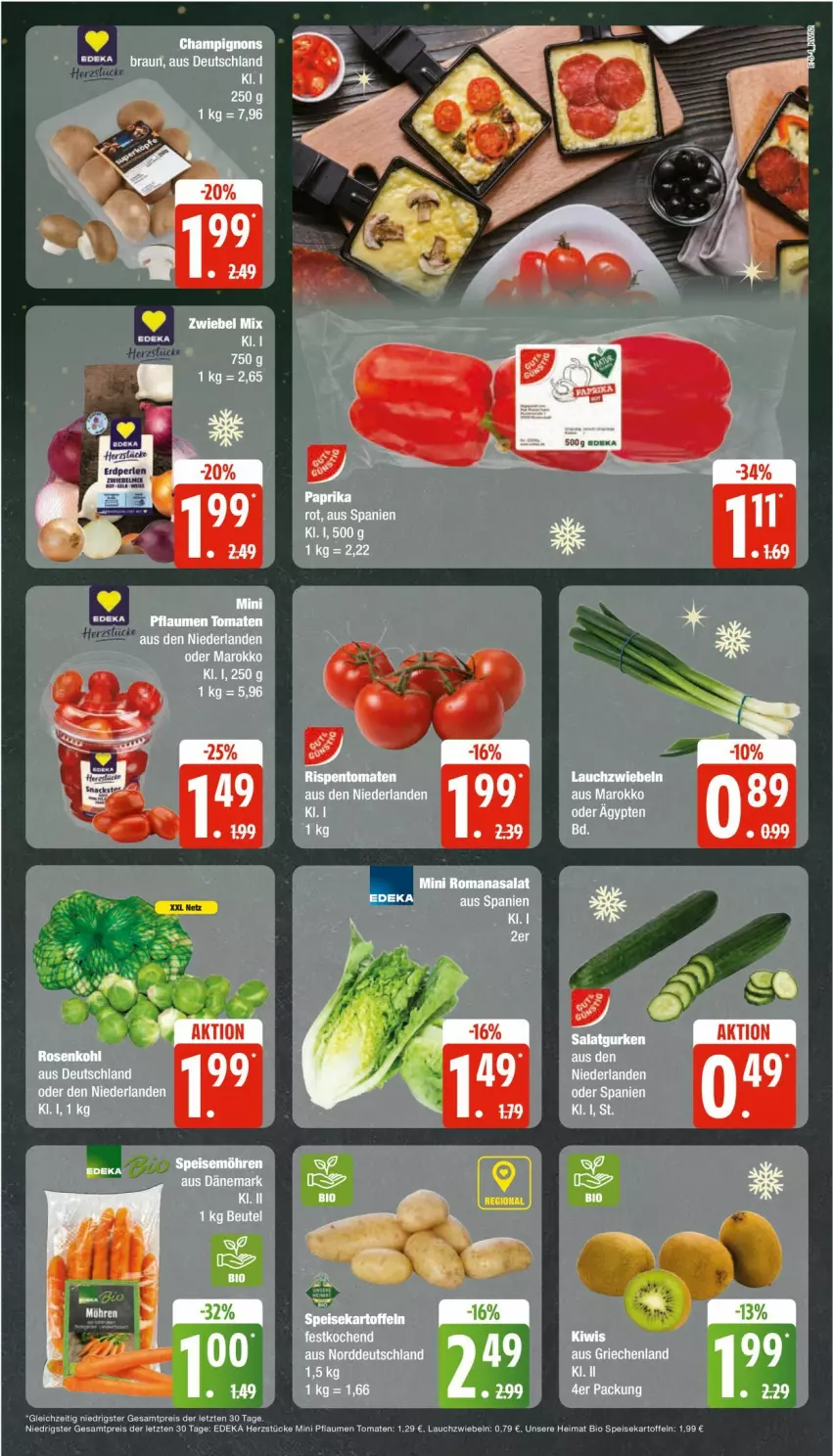 Aktueller Prospekt Edeka - Prospekte - von 23.12 bis 28.12.2024 - strona 5 - produkty: bio, champignon, champignons, deka, eis, gurke, gurken, kiwi, Lauchzwiebel, lauchzwiebeln, paprika, pflaume, pflaumen, reis, Romanasalat, rosen, Rosenkohl, salat, Salatgurke, salatgurken, Ti, tomate, tomaten, ZTE, zwiebel, zwiebeln