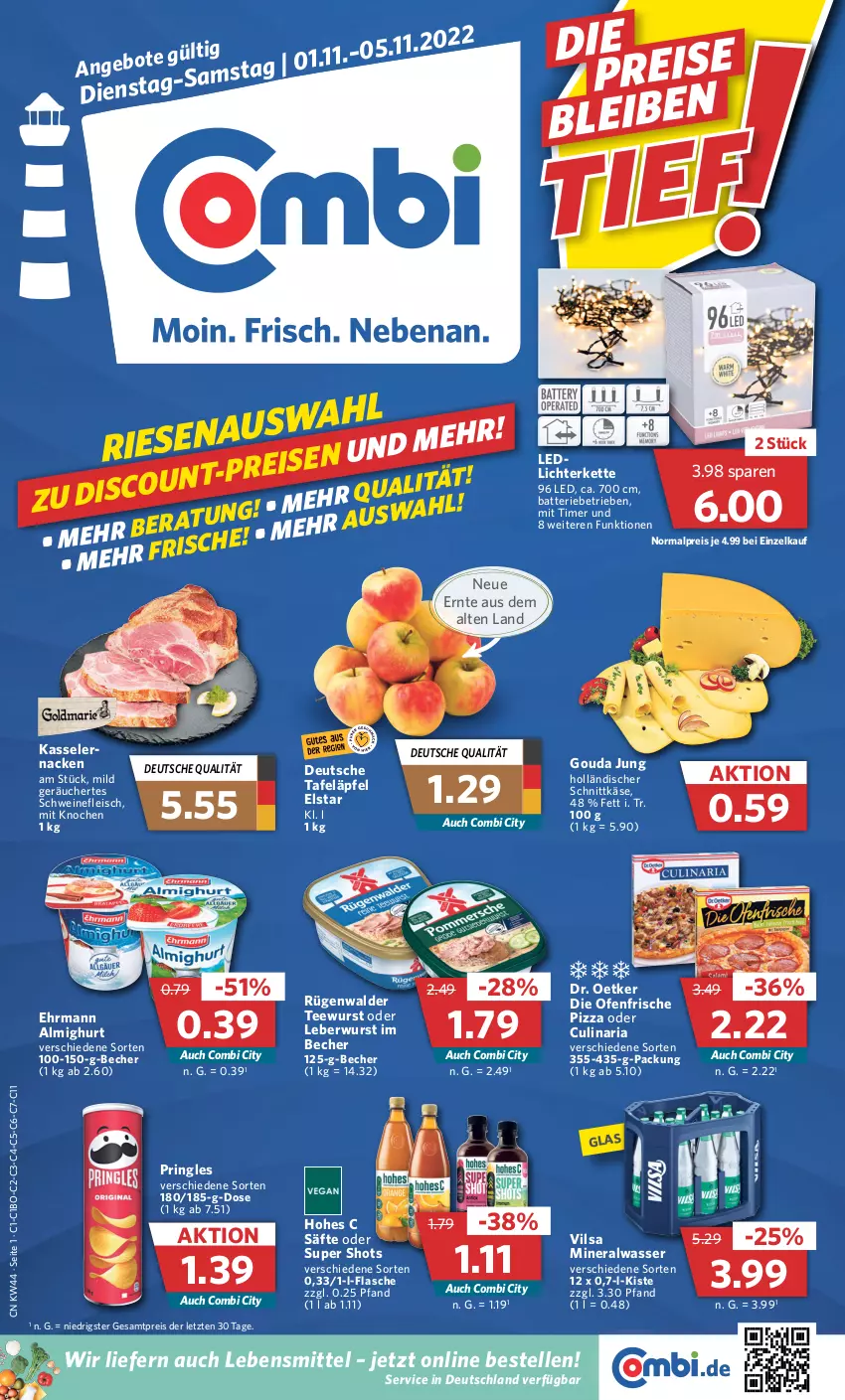 Aktueller Prospekt Combi - Prospekte - von 01.11 bis 05.11.2022 - strona 1 - produkty: almighur, almighurt, Alwa, batterie, Becher, culinaria, die ofenfrische, Dr. Oetker, ehrmann, ehrmann almighurt, eis, elle, flasche, fleisch, gouda, gouda jung, Hohes C, holländischer schnittkäse, Käse, kasseler, Kette, lebensmittel, leberwurst, lichterkette, mineralwasser, Ofen, pizza, pringles, reis, Ria, ring, rügenwalder, säfte, schnittkäse, schwein, schweine, schweinefleisch, tafeläpfel, tee, teewurst, Ti, timer, vilsa, wasser, wein, weine, wurst, ZTE