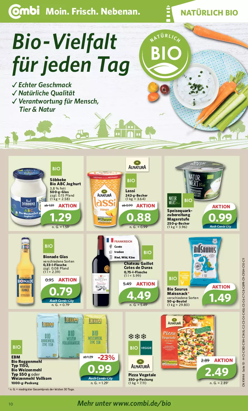 Aktueller Prospekt Combi - Prospekte - von 01.11 bis 05.11.2022 - strona 10 - produkty: Becher, beutel, bio, bionade, chateau, cuvée, eis, flasche, joghur, joghurt, Käse, korn, mac, mais, mehl, natur, pizza, quark, reis, rind, snack, söbbeke, speisequark, Ti, Vegeta, weizenmehl, Wild, ZTE