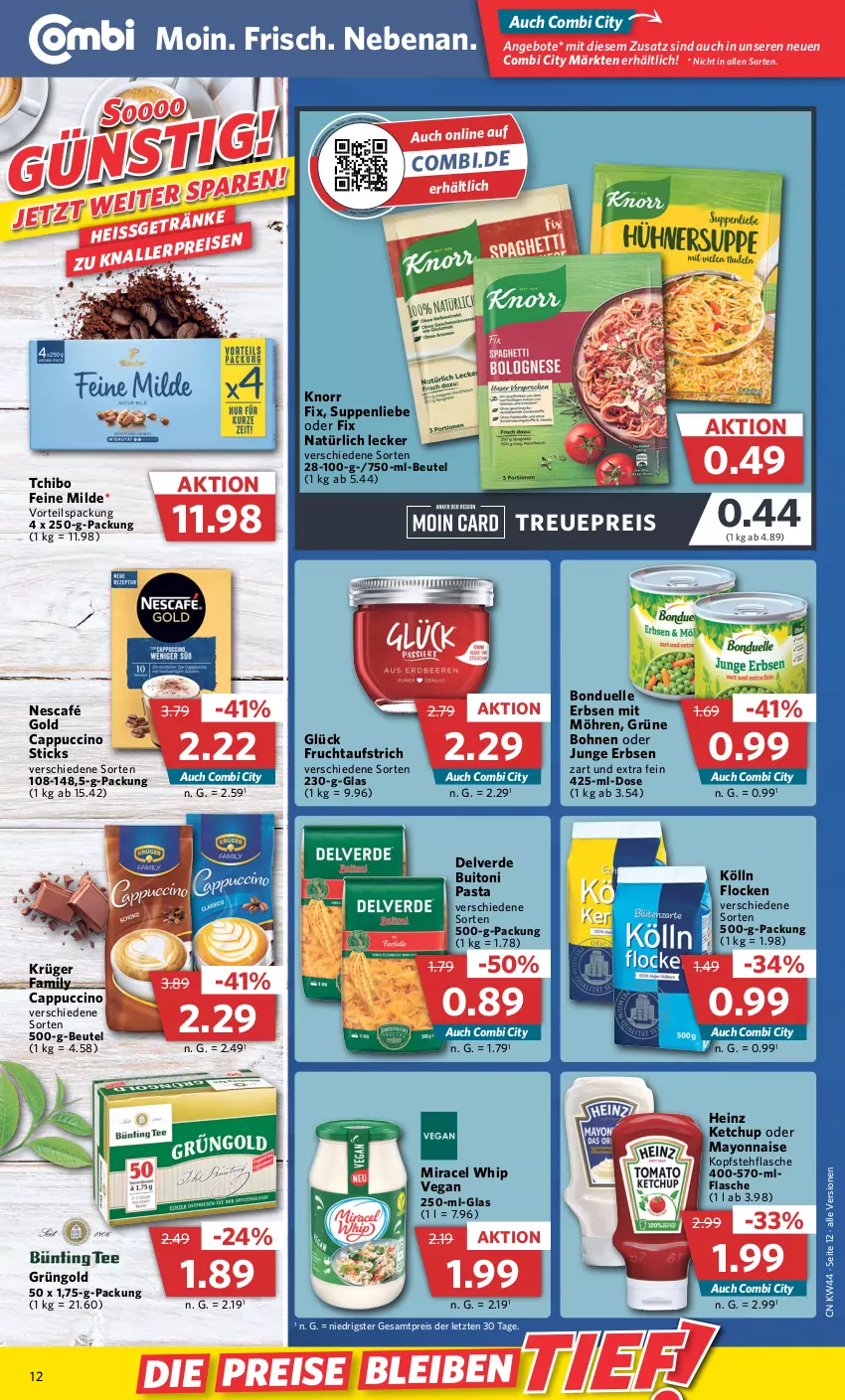 Aktueller Prospekt Combi - Prospekte - von 01.11 bis 05.11.2022 - strona 12 - produkty: angebot, angebote, aufstrich, beutel, bohne, bohnen, bonduelle, buitoni, buitoni pasta, Cap, cappuccino, cin, eis, elle, erbsen, erde, flasche, frucht, fruchtaufstrich, grüne bohnen, heinz, junge erbsen, ketchup, knorr, knorr fix, kölln, krüger, mayonnaise, miracel, miracel whip, möhren, Nescafé, nescafé gold, pasta, reis, suppe, suppen, suppenliebe, Tchibo, Ti, Yo, ZTE