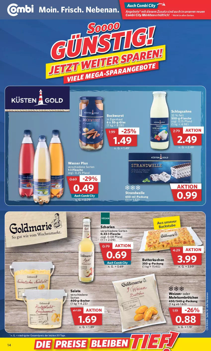 Aktueller Prospekt Combi - Prospekte - von 01.11 bis 05.11.2022 - strona 14 - produkty: angebot, angebote, Becher, bockwurst, brötchen, butter, eis, elle, flasche, korn, kuchen, mehrkornbrötchen, reis, sahne, salat, salate, schlagsahne, schorle, stube, Ti, wasser, wurst, ZTE