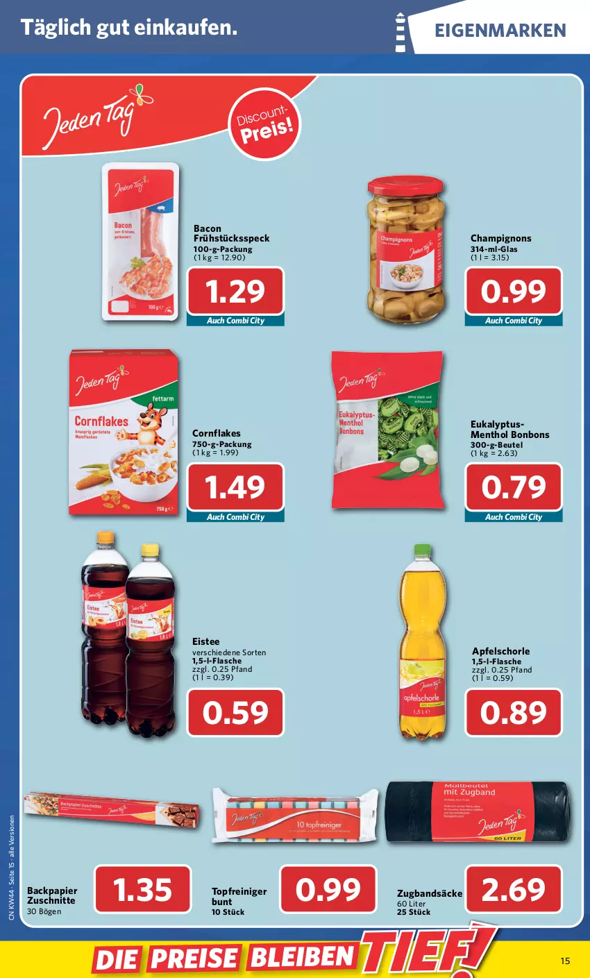 Aktueller Prospekt Combi - Prospekte - von 01.11 bis 05.11.2022 - strona 15 - produkty: apfel, Apfelschorle, bacon, beutel, bonbons, champignon, champignons, eis, eistee, flakes, flasche, Frühstücksspeck, papier, reiniger, reis, schorle, Speck, tee, topf