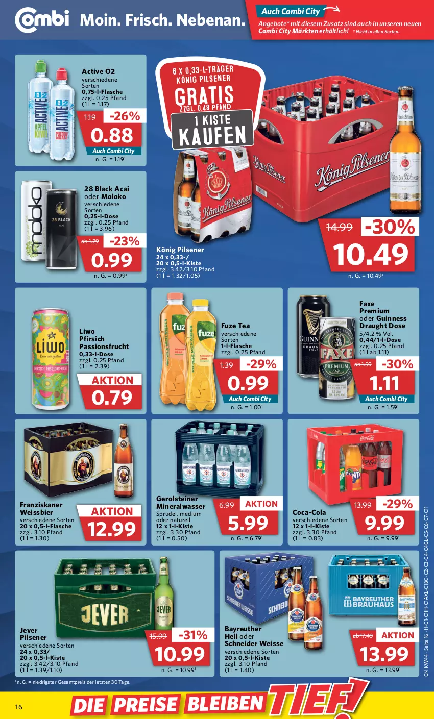 Aktueller Prospekt Combi - Prospekte - von 01.11 bis 05.11.2022 - strona 16 - produkty: Alwa, angebot, angebote, axe, bier, coca-cola, cola, eis, flasche, franziskaner, frucht, fuze tea, gerolsteine, gerolsteiner, Guinness, jever, jever pilsener, könig pilsener, lack, mineralwasser, natur, passionsfrucht, pfirsich, pils, pilsener, reis, rel, Sprudel, steiner, Ti, wasser, weissbier, ZTE