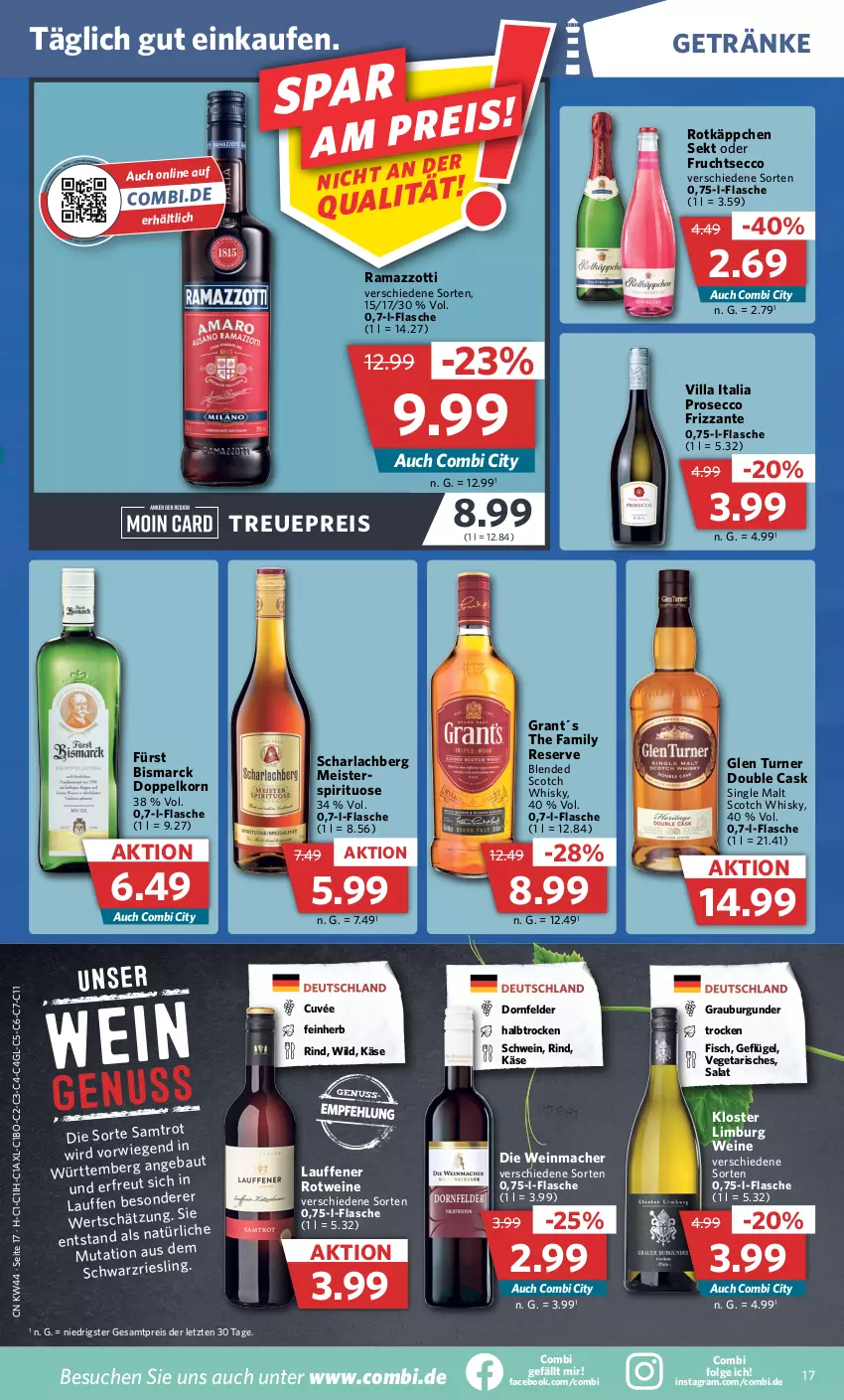 Aktueller Prospekt Combi - Prospekte - von 01.11 bis 05.11.2022 - strona 17 - produkty: arla, Bau, bismarck, blended scotch, blended scotch whisky, burgunder, cuvée, doppelkorn, dornfelder, ecco, eis, fisch, flasche, frizzante, frucht, fruchtsecco, Geflügel, getränk, getränke, grauburgunder, Käse, korn, LG, mac, Meister, prosecco, rama, ramazzott, ramazzotti, reis, rind, rotkäppchen, rotwein, salat, schwein, scotch, scotch whisky, sekt, single malt, Ti, Vegeta, wein, weine, whisky, Wild, zott, ZTE