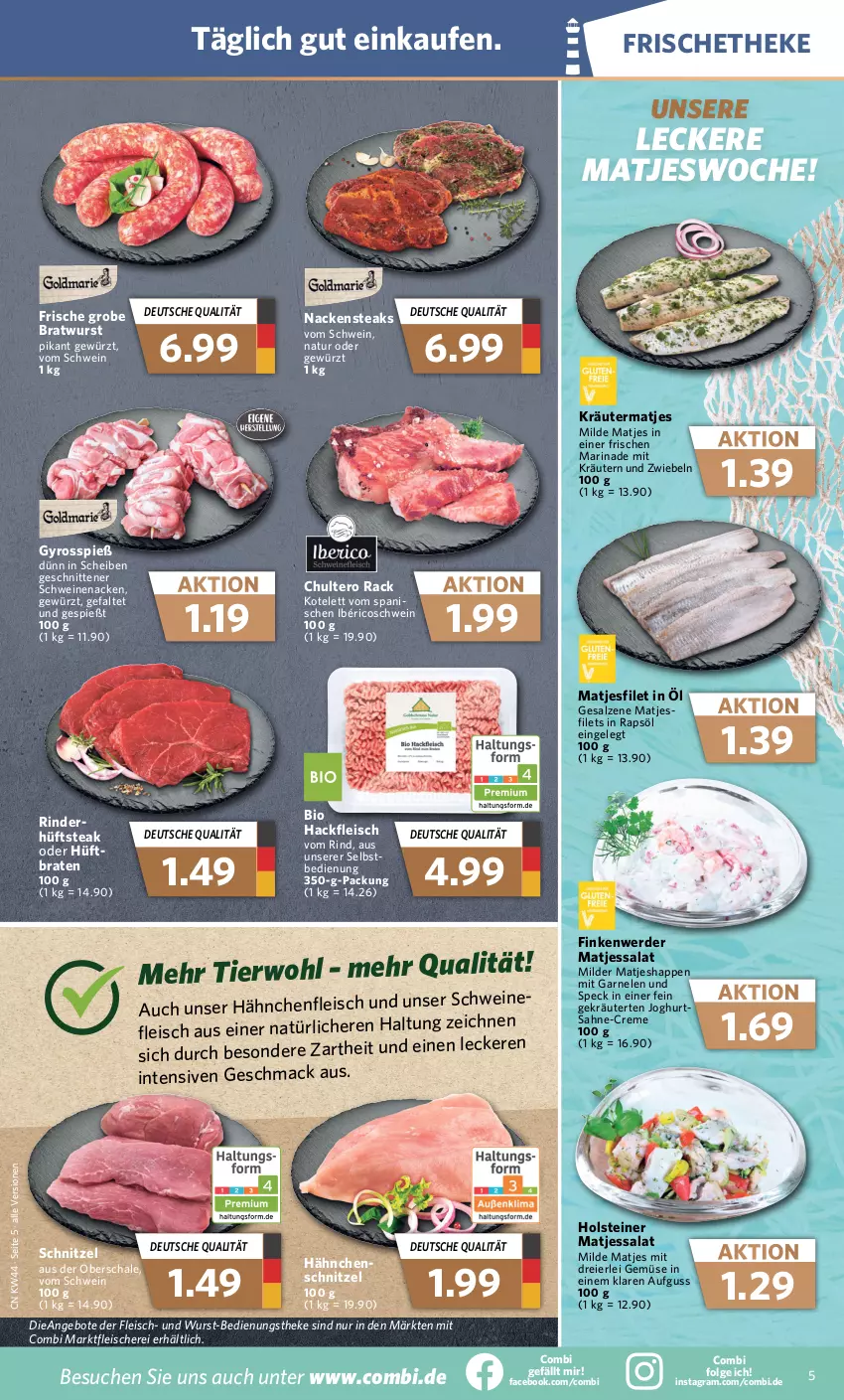 Aktueller Prospekt Combi - Prospekte - von 01.11 bis 05.11.2022 - strona 5 - produkty: angebot, angebote, bio, braten, bratwurst, creme, eier, eis, erde, filet, filets, fleisch, Fleischerei, garnelen, gewürz, grobe bratwurst, gyros, hackfleisch, Hähnchenfleisch, holsteiner, hüftsteak, joghur, joghurt, kotelett, kräuter, kräutern, LG, mac, marinade, matjes, Matjesfilet, Nackensteak, nackensteaks, natur, rapsöl, rind, rinder, sahne, salat, salz, Schal, Schale, Schere, schnitten, schnitzel, schwein, schweine, schweinenacken, Speck, steak, steaks, steiner, Ti, wein, weine, wurst, zwiebel, zwiebeln