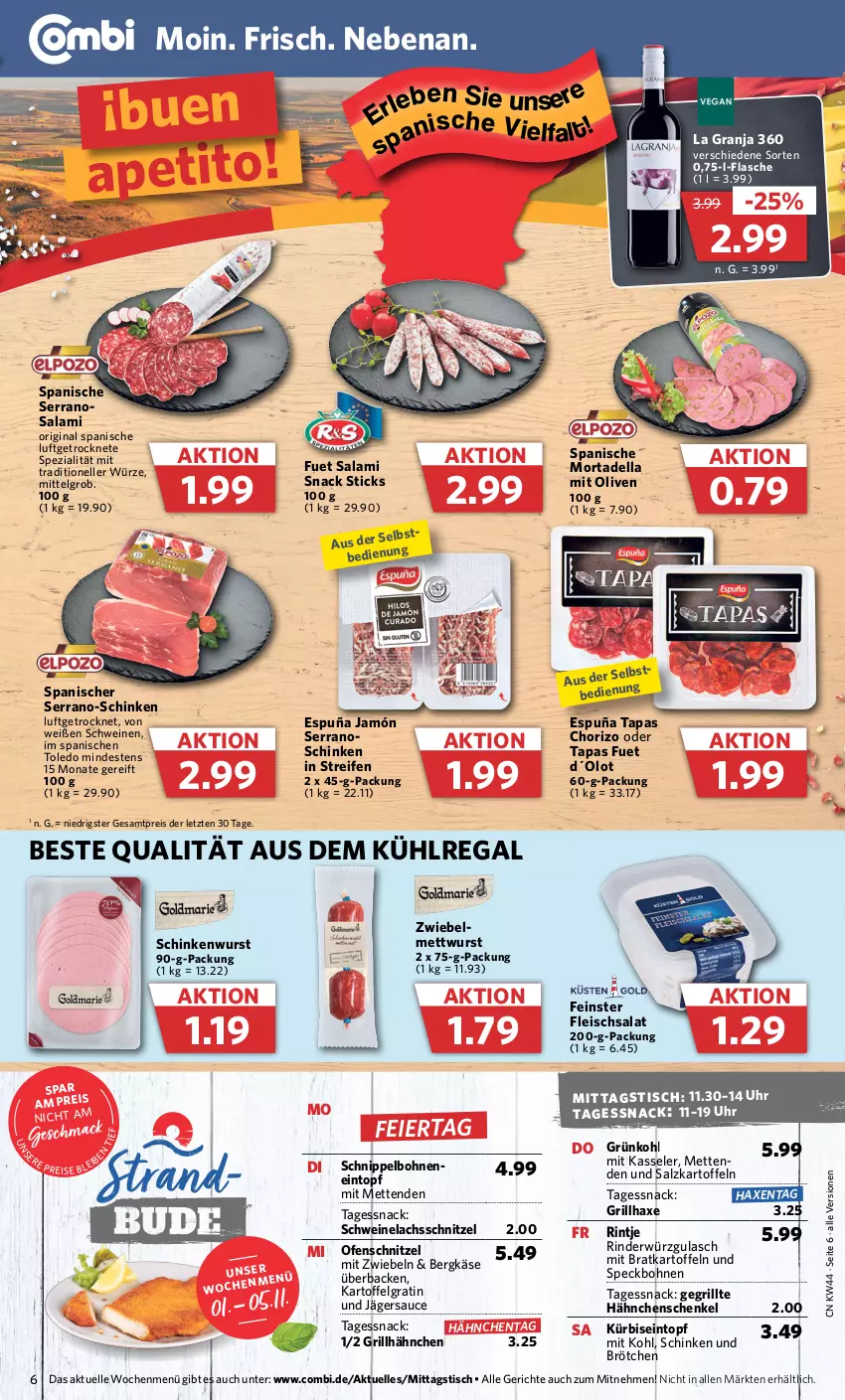 Aktueller Prospekt Combi - Prospekte - von 01.11 bis 05.11.2022 - strona 6 - produkty: aus dem kühlregal, axe, Bergkäse, bohne, bohnen, brötchen, chorizo, dell, eier, eintopf, eis, elle, flasche, fleisch, fleischsalat, Gegrillte Hähnchenschenkel, gin, grill, grillhähnchen, grillhaxe, gulasch, hähnchenschenkel, Haxe, henkel, jamón serrano, kartoffel, kartoffeln, Käse, kasseler, kühlregal, Kürbis, lachs, LG, mac, Mett, metten, Mettenden, mettwurst, mit zwiebeln, mortadella, Ofen, olive, oliven, regal, reifen, reis, rind, rinder, salami, salat, salz, sauce, schenkel, schinken, schinkenwurst, schnitzel, schwein, schweine, Schweinelachs, serrano, snack, Speck, Spezi, Tapas, Ti, tisch, topf, uhr, wein, weine, wurst, ZTE, zwiebel, zwiebeln