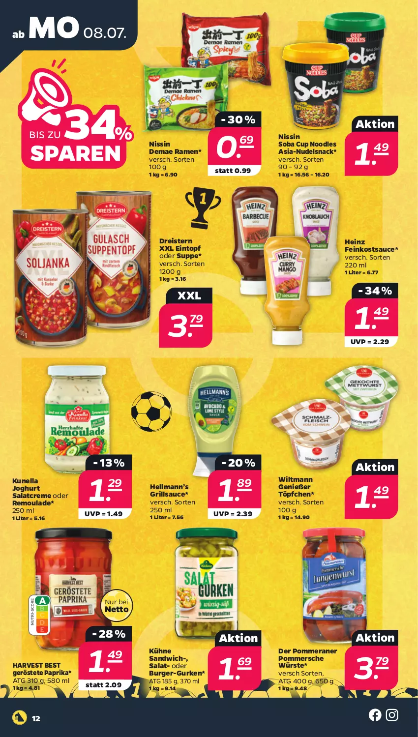 Aktueller Prospekt Netto - Woche 28 - von 08.07 bis 13.07.2024 - strona 12 - produkty: burger, creme, dreistern, eintopf, eis, feinkost, grill, grillsauce, gurke, gurken, heinz, joghur, joghurt, Kühne, Nissin, nudel, paprika, Pommersche, reis, remoulade, salat, salatcreme, sandwich, sauce, snack, suppe, Ti, topf, Töpfchen, wiltmann