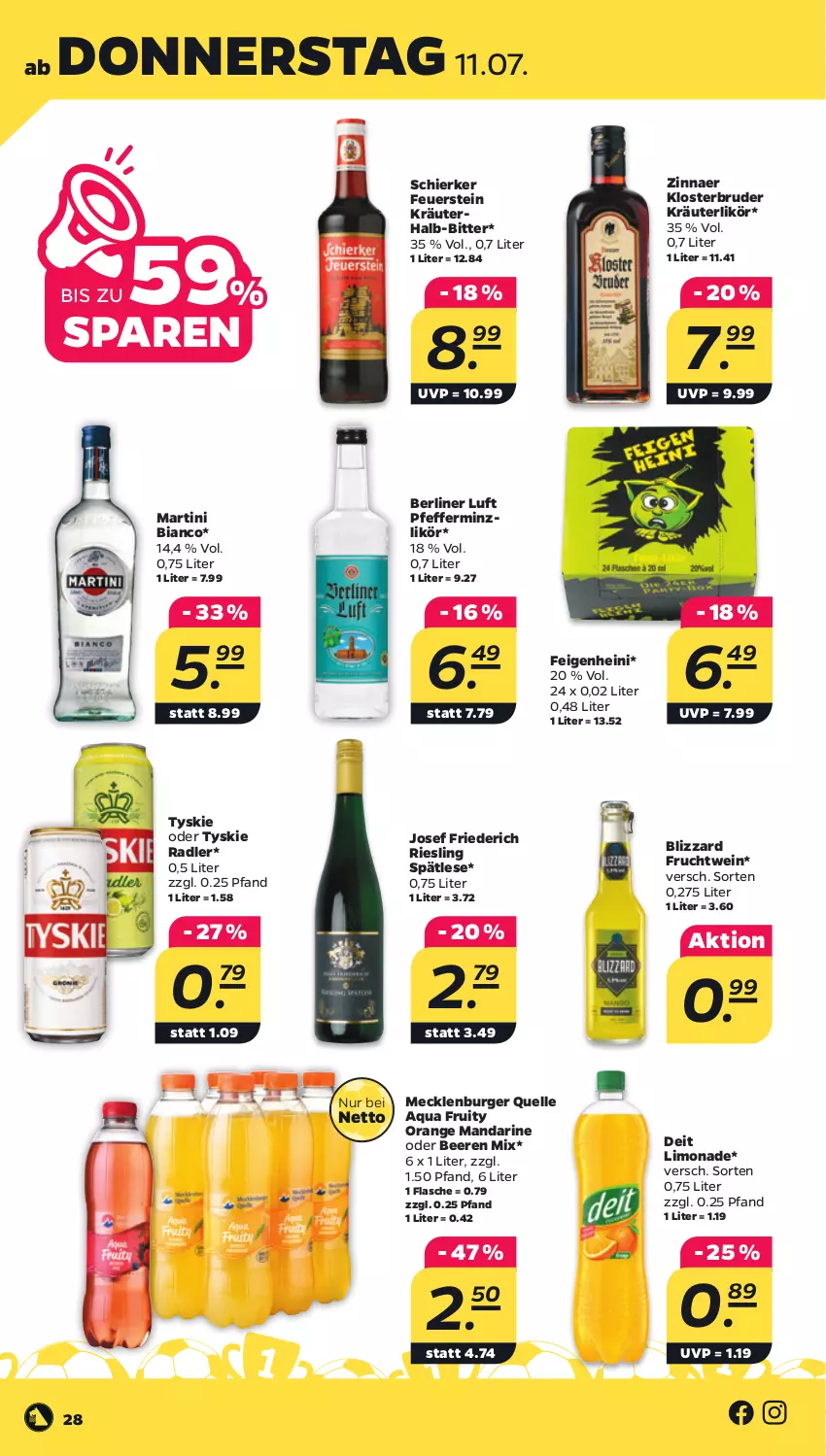 Aktueller Prospekt Netto - Woche 28 - von 08.07 bis 13.07.2024 - strona 28 - produkty: aqua, beere, beeren, Beeren Mix, berliner, berliner luft, Blizzard, burger, deit, elle, Feigen, flasche, frucht, kräuter, kräuterlikör, likör, limo, limonade, mandarine, martini, orange, pfeffer, pfefferminzlikör, radler, riesling, Ti, tyskie, wein