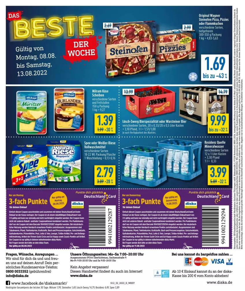 Aktueller Prospekt Diska - Prospekte - von 08.08 bis 13.08.2022 - strona 12 - produkty: Alwa, angebot, angebote, Astra, buch, coupon, deka, deutschland card, deutschlandcard, eier, eis, elle, ente, erde, flasche, gin, gutschein, kraft, milch, milram, mineralwasser, Ofen, original wagner, pizza, reis, ring, sac, spee, steinofen, steinofen pizza, Sushi, tee, telefon, Ti, uhr, vollwaschmittel, wagner, waschmittel, wasser, ZTE