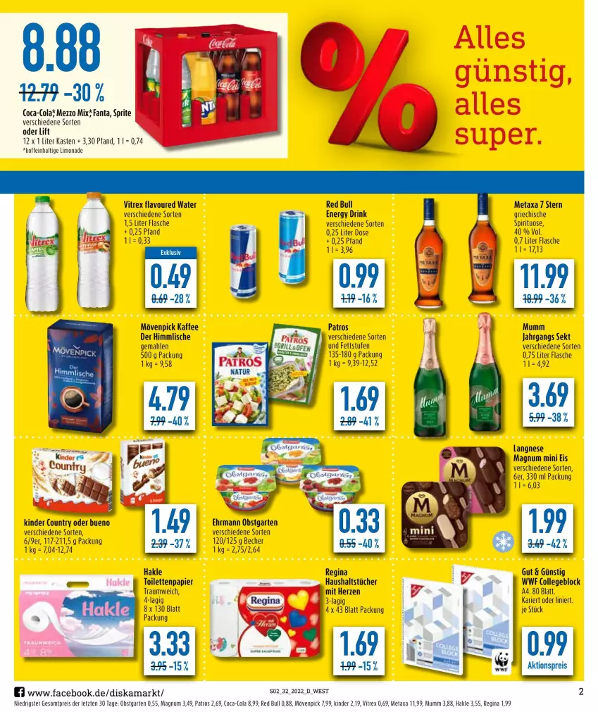 Aktueller Prospekt Diska - Prospekte - von 08.08 bis 13.08.2022 - strona 2 - produkty: aktionspreis, Becher, coca-cola, cola, collegeblock, drink, ehrmann, eis, energy drink, fanta, flasche, Garten, gin, hakle, hakle toilettenpapier, haushaltstücher, kaffee, Kinder, kinder country, langnese, limo, limonade, magnum, Magnum Mini, Metaxa, Mezzo Mix, mövenpick, mövenpick kaffee, mumm, obst, obstgarten, papier, patros, red bull, reis, sekt, sprite, Ti, toilettenpapier, tücher, vitrex, ZTE