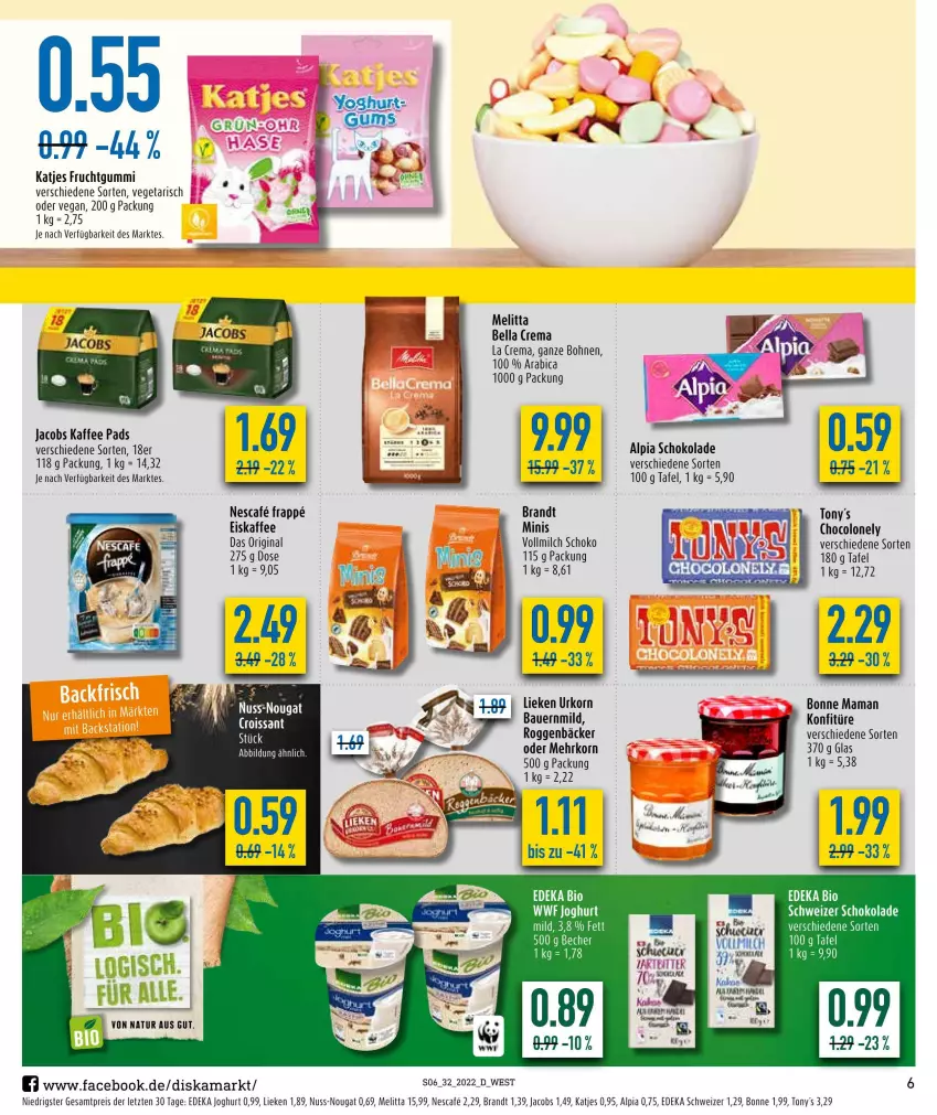 Aktueller Prospekt Diska - Prospekte - von 08.08 bis 13.08.2022 - strona 6 - produkty: alpia, auer, Bau, Bauer, bio, bohne, bohnen, bonne maman, brandt, deka, edeka bio, eier, eis, eiskaffee, frucht, fruchtgummi, gin, jacobs, joghur, joghurt, kaffee, katjes, konfitüre, korn, lieken, mam, melitta, milch, natur, nescafe, nuss, reis, schoko, schokolade, Ti, urkorn, Vegeta, vollmilch, ZTE