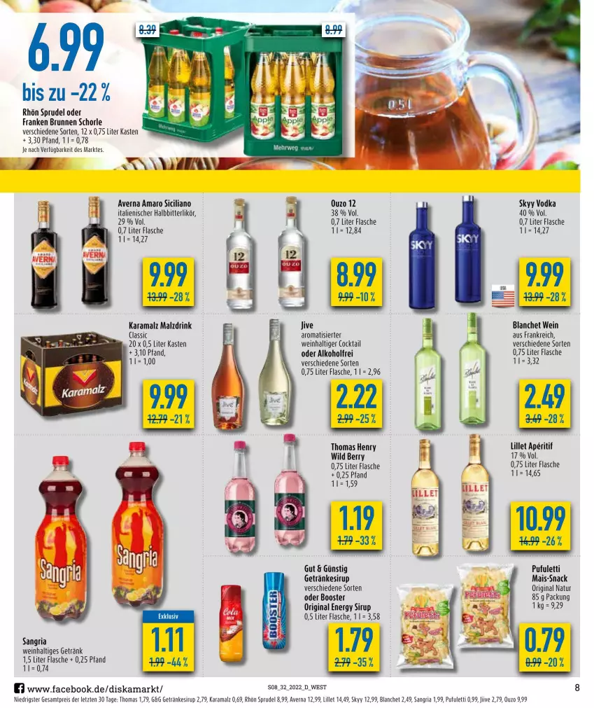 Aktueller Prospekt Diska - Prospekte - von 08.08 bis 13.08.2022 - strona 8 - produkty: alkohol, amaro, aperitif, averna, brunnen, cocktail, drink, eis, flasche, franken brunnen, getränk, getränke, getränkesirup, gin, karamalz, likör, lillet, mais, malz, natur, ouzo, ouzo 12, rama, reis, Ria, sangria, schorle, sirup, skyy, Skyy Vodka, snack, Sprudel, thomas henry, Ti, vodka, wein, Wild, wild berry, ZTE