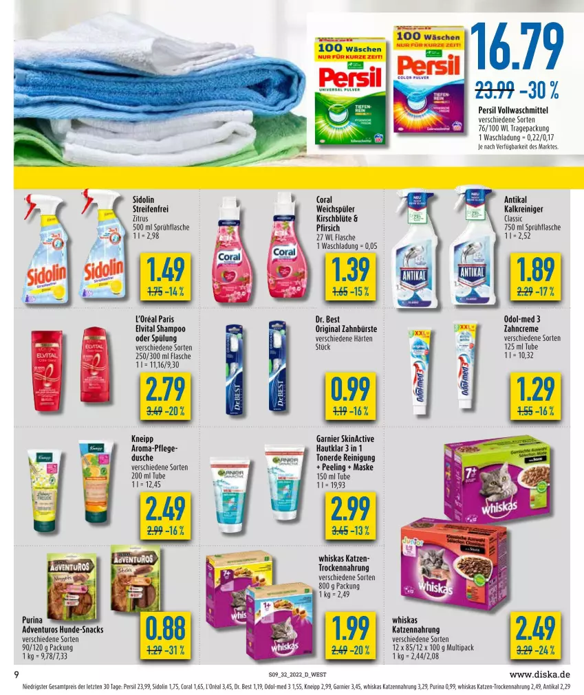 Aktueller Prospekt Diska - Prospekte - von 08.08 bis 13.08.2022 - strona 9 - produkty: adventuros, Blüte, bürste, Coral, creme, Dr. Best, dusche, eier, eis, elvital, erde, flasche, garnier, gin, Kalkreiniger, katzennahrung, kirsch, kneipp, l'oreal, Maske, Odol, Odol-med 3, Peeling, persil, pfirsich, purina, reifen, reiniger, Reinigung, reis, shampoo, sidolin, snack, snacks, sprühflasche, spülung, Ti, Toner, Trockennahrung, vita, vollwaschmittel, waschmittel, weichspüler, whiskas, zahnbürste, ZTE