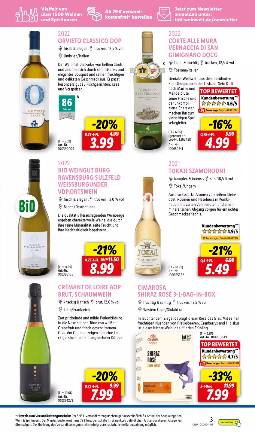 Aktueller Prospekt Lidl - Highlights in der Weinwelt - von 01.03 bis 31.03.2024 - strona 3 - produkty: ACC, auto, Bad, bag-in-box, beere, beeren, bio, Blüte, brie, brut, burgunder, Cap, classico, cranberry, crémant de loire, eis, elle, fisch, frucht, grapefruit, gutschein, haselnuss, Käse, korb, Leuchte, leuchten, LG, mac, mandel, ndk, Nuance, nuss, obst, perlen, reis, schnitten, spirituosen, Ti, tisch, vanille, versandkostenfrei, vorspeise, wein, weine, Weißwein, Weste