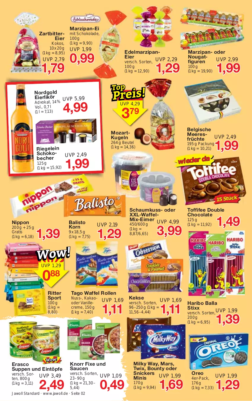 Aktueller Prospekt Jawoll - Prospekte - von 05.03 bis 11.03.2023 - strona 2 - produkty: balisto, ball, Becher, beutel, bounty, cola, creme, Edelmarzipan, eier, eierlikör, eimer, eintöpfe, erasco, früchte, haribo, kakao, keks, kekse, knorr, knorr fix, kokos, korn, Kugel, LG, likör, mars, marzipan, milky way, nippon, nuss, oreo, riegel, ritter, ritter sport, sauce, saucen, schoko, schokolade, snickers, Sport, suppe, suppen, Ti, toffifee, twix, vanille