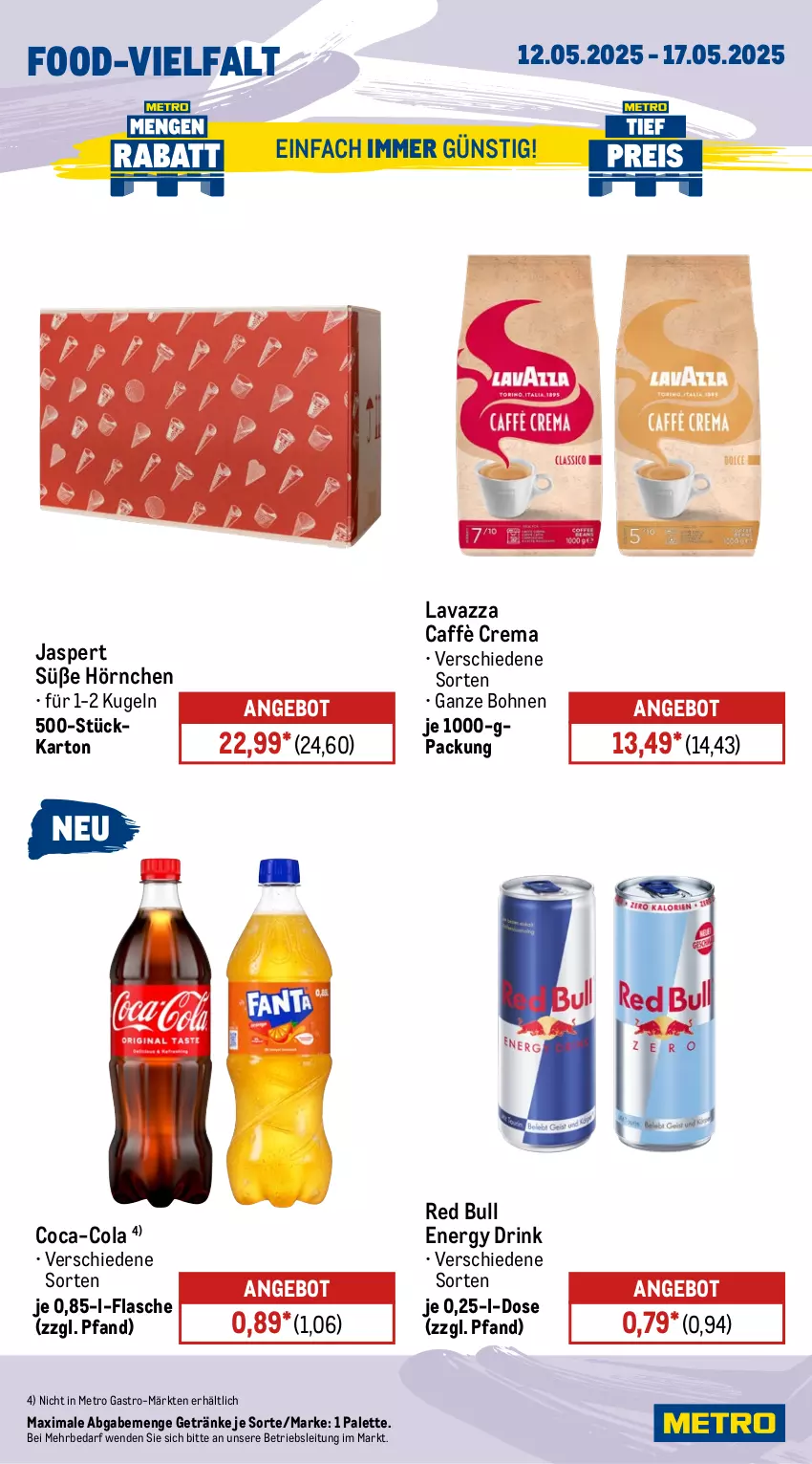 Aktueller Prospekt Metro - Wochen-Angebote Gastro - von 12.05 bis 17.05.2025 - strona 13 - produkty: angebot, bohne, bohnen, caffè crema, coca-cola, cola, drink, energy drink, flasche, getränk, getränke, hörnchen, Kugel, lavazza, Metro, metro gastro, Palette, red bull, Ti