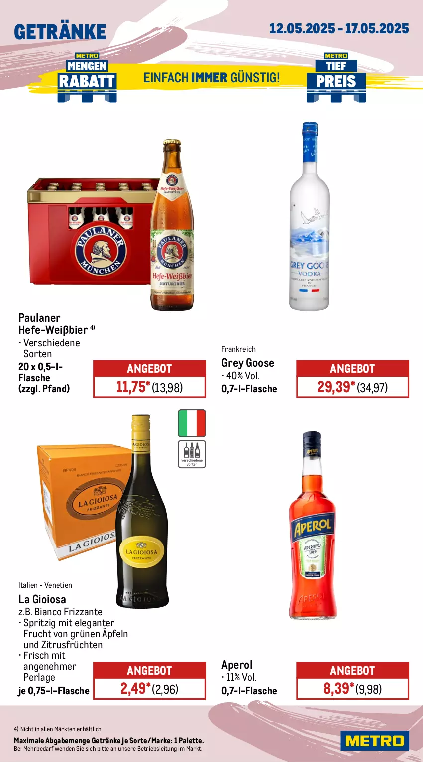 Aktueller Prospekt Metro - Wochen-Angebote Gastro - von 12.05 bis 17.05.2025 - strona 14 - produkty: angebot, aperol, bier, flasche, frizzante, frucht, früchte, früchten, getränk, getränke, Hefe, La Gioiosa, Palette, Paula, paulaner, perla, Ti