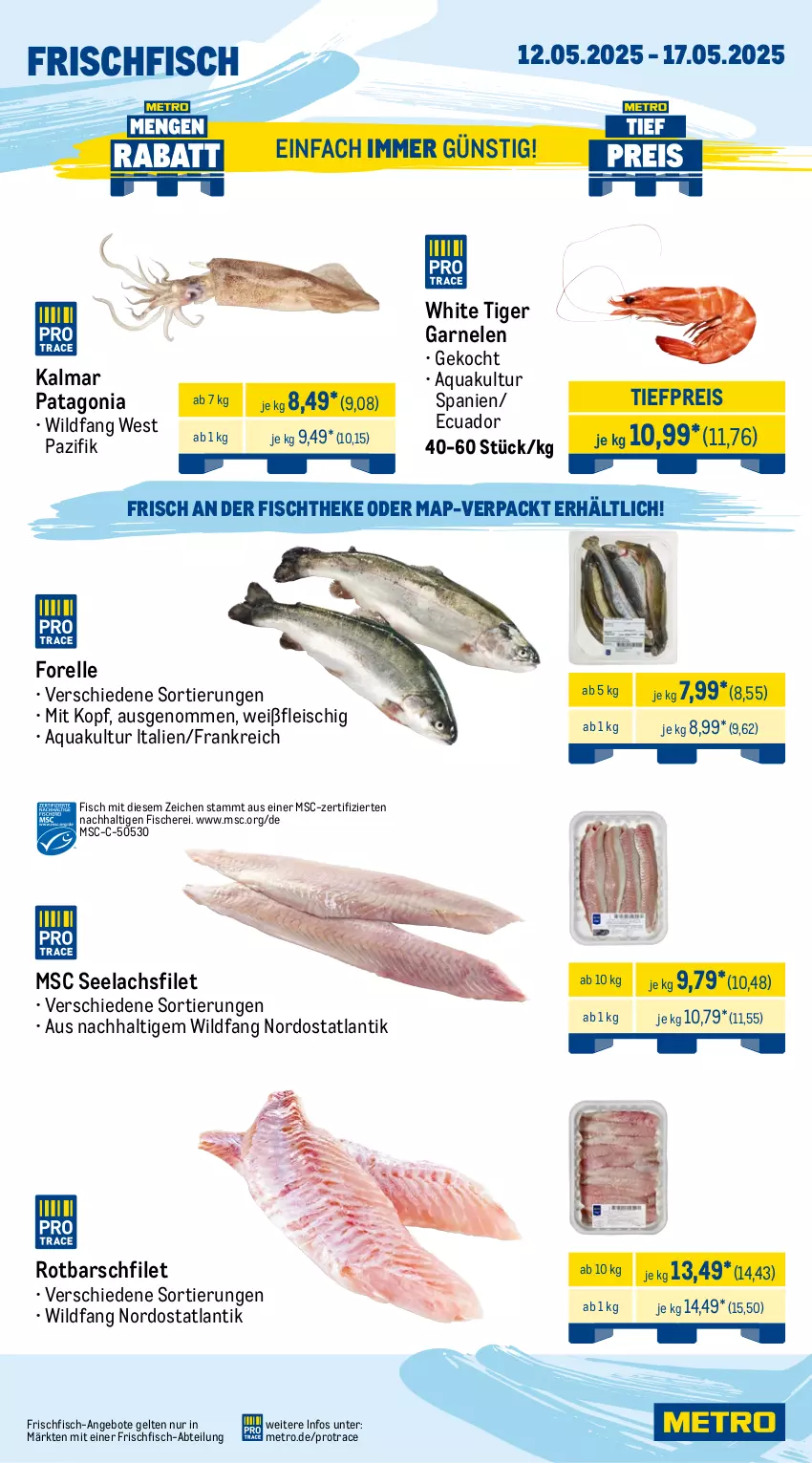 Aktueller Prospekt Metro - Wochen-Angebote Gastro - von 12.05 bis 17.05.2025 - strona 5 - produkty: Abtei, angebot, angebote, aqua, eis, elle, filet, fisch, fische, Fischer, fischtheke, fleisch, forelle, frischfisch, garnelen, lachs, lachsfilet, Metro, reis, rel, Rotbarsch, rotbarschfilet, Schere, seelachsfilet, Ti, tiefpreis, Wild