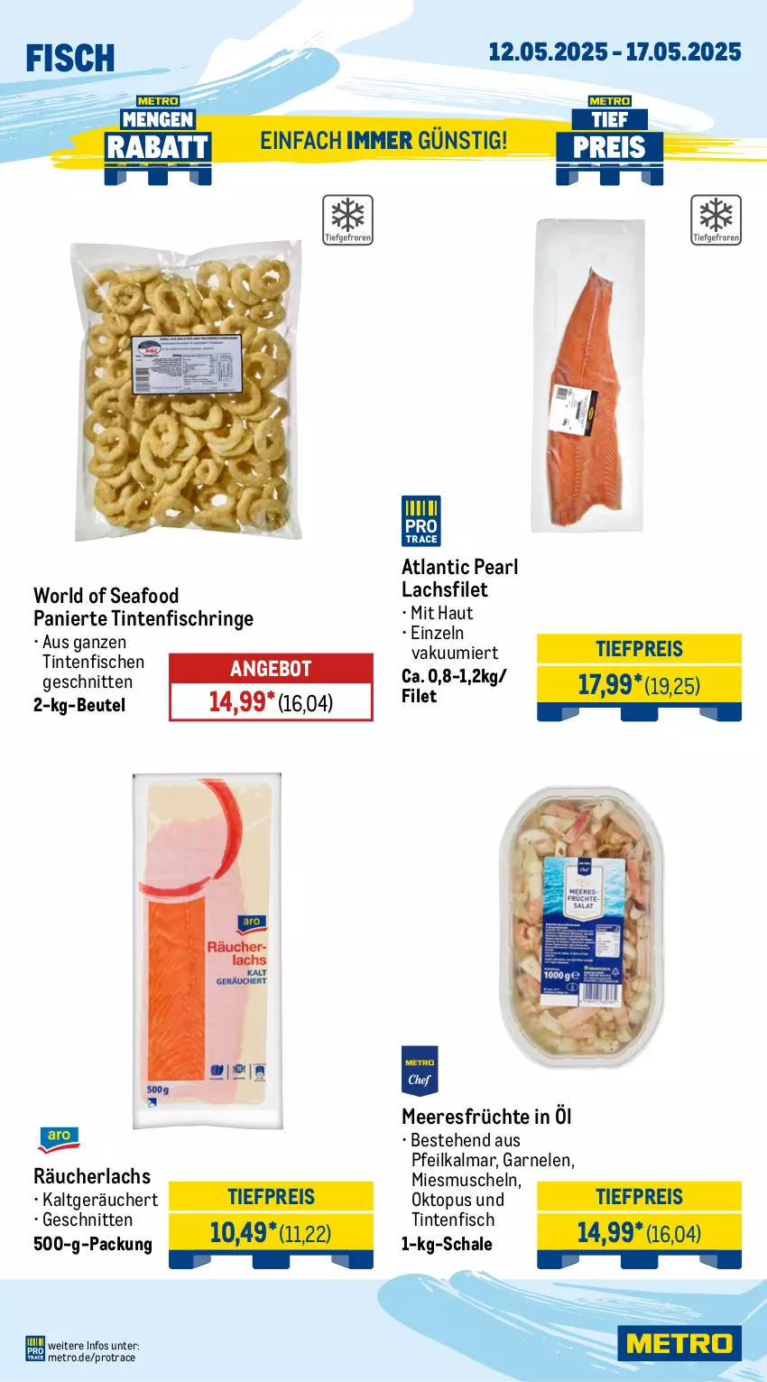 Aktueller Prospekt Metro - Wochen-Angebote Gastro - von 12.05 bis 17.05.2025 - strona 6 - produkty: angebot, beutel, eis, filet, fisch, fische, früchte, garnelen, lachs, lachsfilet, meeresfrüchte, Metro, Muscheln, Räucherlachs, reis, ring, Schal, Schale, schnitten, Ti, tiefpreis, Tintenfischringe