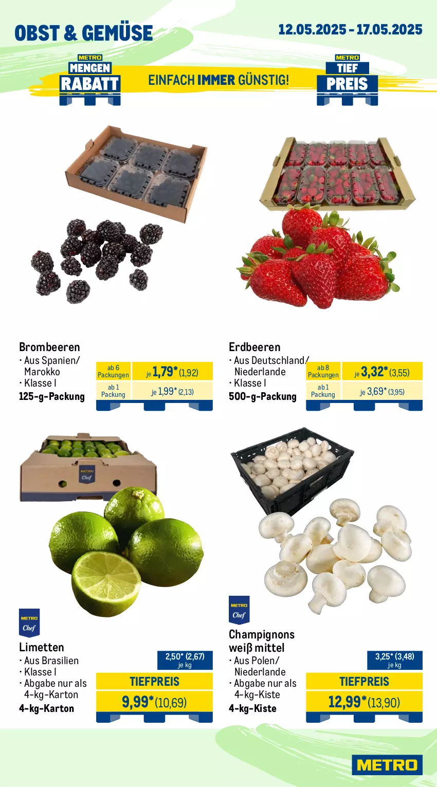 Aktueller Prospekt Metro - Wochen-Angebote Gastro - von 12.05 bis 17.05.2025 - strona 7 - produkty: beere, beeren, brombeere, brombeeren, champignon, champignons, eis, erdbeere, erdbeeren, limette, limetten, Mett, metten, obst, reis, Ti, tiefpreis