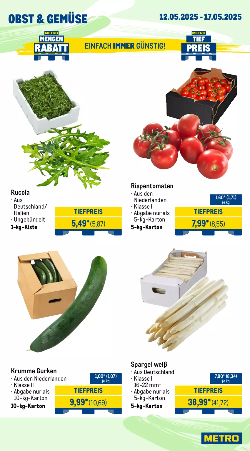 Aktueller Prospekt Metro - Wochen-Angebote Gastro - von 12.05 bis 17.05.2025 - strona 8 - produkty: cola, eis, gurke, gurken, obst, reis, rispentomaten, rucola, rum, spargel, Ti, tiefpreis, tomate, tomaten