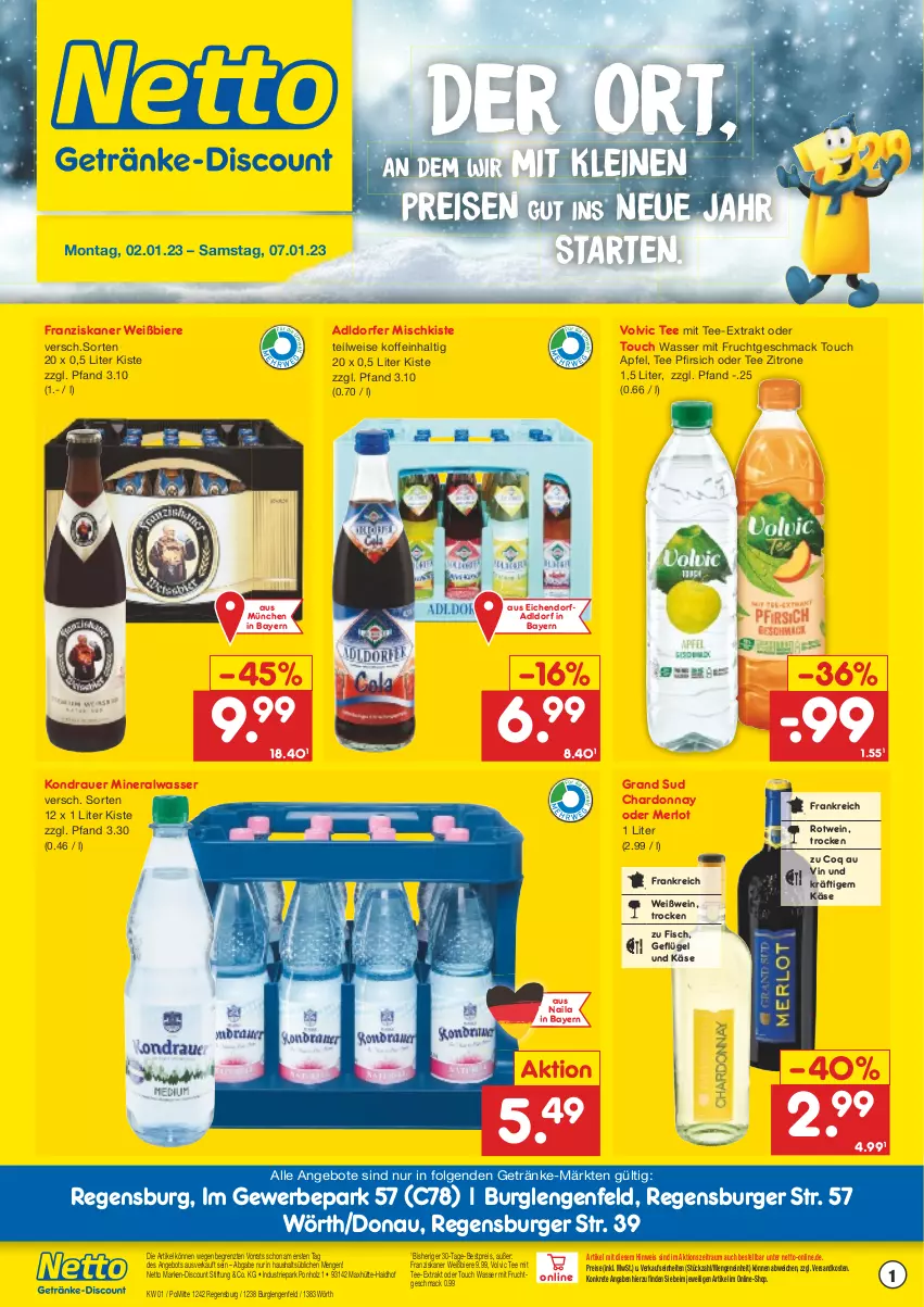 Aktueller Prospekt Netto Marken-Discount - Getränkemarkt in deiner Nähe - von 15.03.2021 bis 07.01.2023 - strona 1 - produkty: Alwa, angebot, angebote, apfel, auer, bestpreis, bier, Biere, burger, chardonnay, discount, eis, fisch, franziskaner, frucht, Geflügel, getränk, getränke, grand sud, Holz, Käse, leine, LG, mac, marken-discount, merl, merlot, mineralwasser, mit frucht, ndk, pfirsich, regensburger, reis, rotwein, tee, Ti, volvic, wasser, wein, Weißwein, zitrone, ZTE