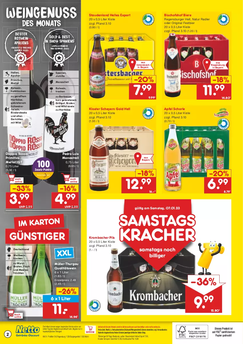 Aktueller Prospekt Netto Marken-Discount - Getränkemarkt in deiner Nähe - von 15.03.2021 bis 07.01.2023 - strona 2 - produkty: angebot, apfel, barbecue, bestpreis, bier, Biere, braten, burger, eis, elle, fisch, Fisch und Meeresfrüchte, fleisch, früchte, früchten, gin, grill, hartkäse, Käse, kracher, krombache, krombacher, krombacher pils, LG, meeresfrüchte, merl, merlot, Müller, Müller-Thurgau, natur, natur radler, ndk, nuss, pils, primitivo, qualitätswein, radler, regensburger, reis, rel, rind, rinder, Rindersteak, rotwein, schorle, schwein, schweine, schweinefleisch, stauden, steak, steaks, Ti, wein, weine, Weißwein, Wild, wurst, ZTE