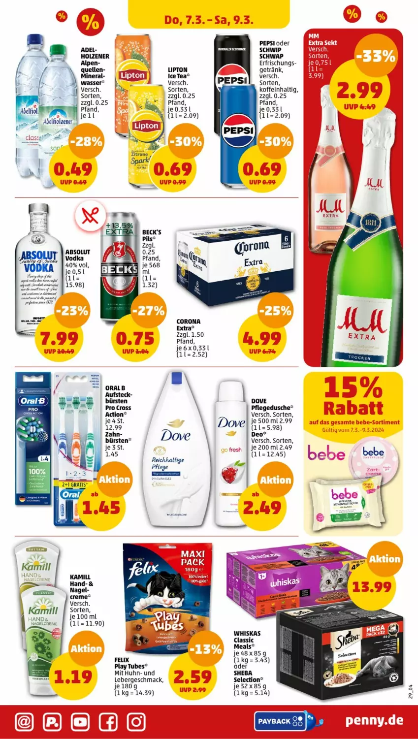 Aktueller Prospekt Penny - Prospekte - von 04.03 bis 09.03.2024 - strona 29 - produkty: Bebe, corona, creme, deo, dove, dusche, eis, elle, felix, Holz, ice tea, Kamill, lipton, lipton ice tea, mac, payback, pepsi, pflegedusche, pils, rwe, sheba, Ti, vodka, wasser, whiskas