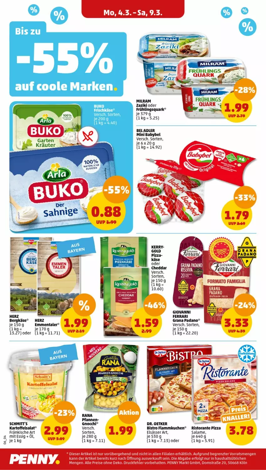 Aktueller Prospekt Penny - Prospekte - von 04.03 bis 09.03.2024 - strona 6 - produkty: babybel, Bergkäse, Buko, cheddar, eis, elsässer art, emmentaler, essig, flammkuchen, frischkäse, grana, grana padano, kartoffel, kartoffelsalat, Käse, kuchen, lamm, LG, mini babybel, padano, pizza, quark, Rana, reis, ristorante, ristorante pizza, salat, Ti, zaziki, ZTE