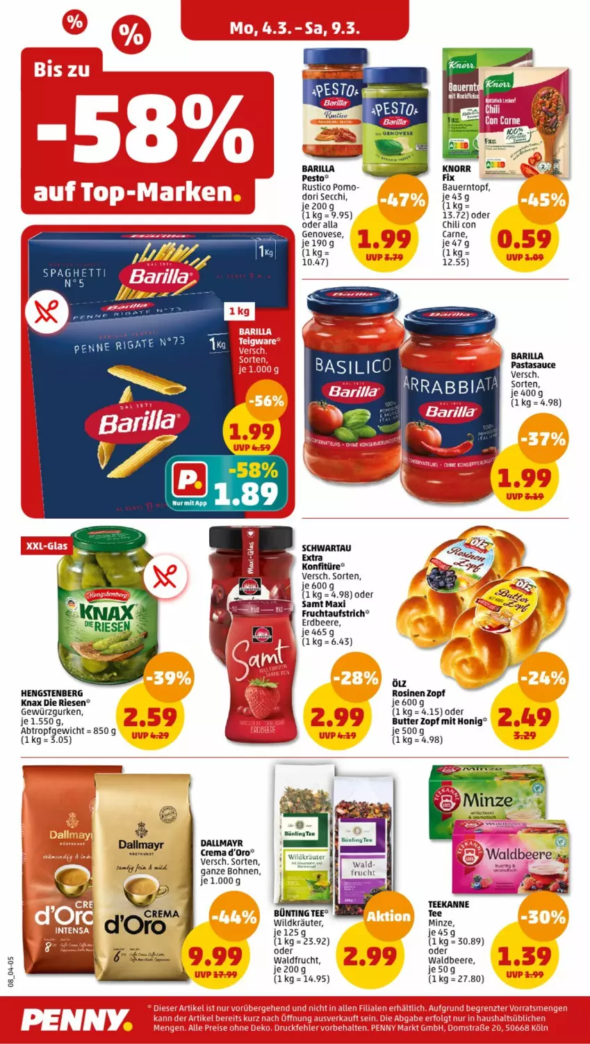 Aktueller Prospekt Penny - Prospekte - von 04.03 bis 09.03.2024 - strona 8 - produkty: aldi, aufstrich, barilla, beere, bohne, bohnen, bünting tee, butter, chili, dallmayr, erdbeere, frucht, fruchtaufstrich, genovese, gewürz, Gewürzgurke, gewürzgurken, gurke, gurken, hengstenberg, honig, konfitüre, kräuter, minze, pasta, pesto, sauce, Schwartau, tee, teekanne, Ti, Wild