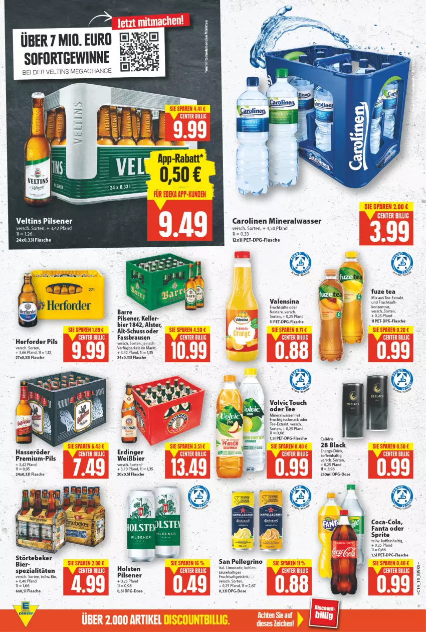 Aktueller Prospekt E Center - Angebote der Woche - von 04.04 bis 09.04.2022 - strona 13 - produkty: Alwa, bier, bio, brause, coca-cola, cola, elle, erdinger, fanta, fanta oder, fassbrause, flasche, frucht, fruchtsaft, fruchtsäfte, fuze tea, getränk, hasseröder, holsten, lack, limo, limonade, mac, mineralwasser, mit frucht, Nektar, pils, pilsener, saft, säfte, san pellegrino, Spezi, sprite, störtebeker, tee, Ti, valensina, veltins, veltins pilsener, volvic, wasser