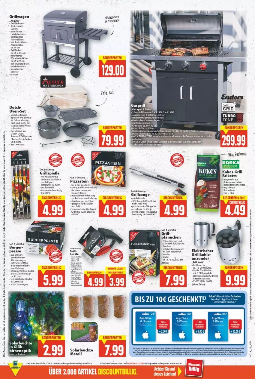 Aktueller Prospekt E Center - Angebote der Woche - von 04.04 bis 09.04.2022 - strona 19 - produkty: angebot, angebote, anzünder, Apple, auer, backofen, backofen und, bambus, besteck, Birnen, braten, braun, briketts, brot, burger, bürste, deka, deutschlandcard, edelstahl, eis, elle, ente, erde, gasgrill, grill, grillfläche, Grillkohle, grillplatte, grillrost, Grillspieße, grillzange, hamburger, Holz, holzkohle, kokos, kokosnuss, latte, Leuchte, LG, messer, nuss, Ofen, pfanne, pizza, rwe, Schal, Schale, schmorbraten, Schutzschild, solarleuchte, Ti, tisch, topf, usb